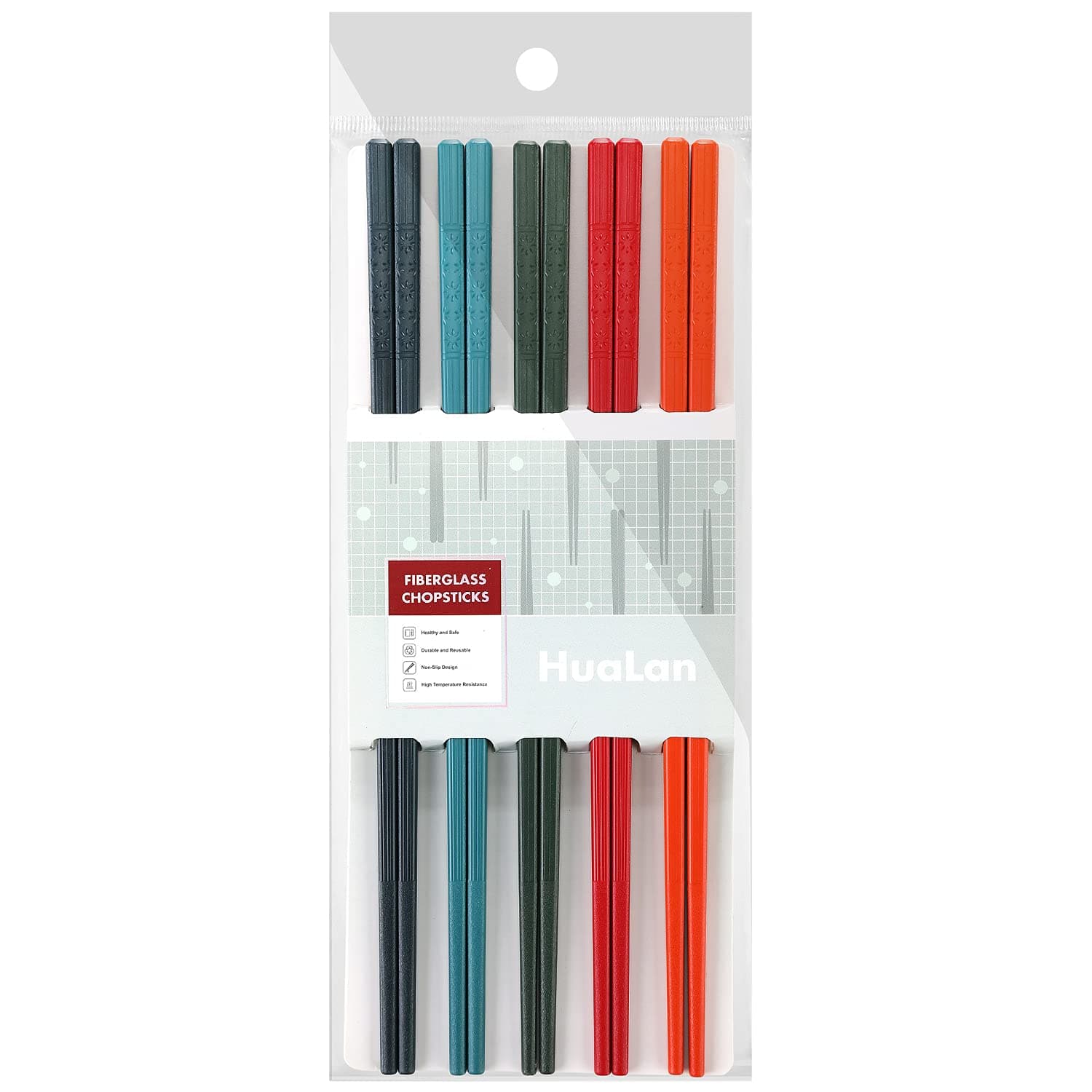 HuaLan Colorful Fiberglass Chopsticks, Dishwasher Safe Chopstick, Reusable Non-slip Chop Sticks, 9 1/2 Inches, 5 Pairs, Colorful