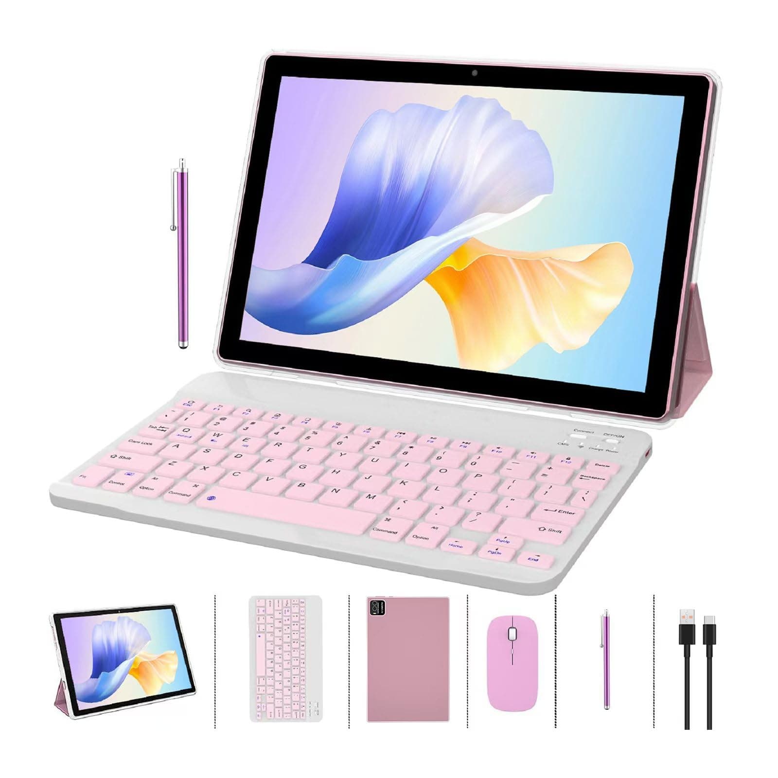 ZZB 2 in 1 Tablet with Keyboard Case, Stylus Pen, 10.1 inch, Android 11.0, 4GB RAM+64GB ROM, 1080p Camera, WiFi, Bluetooth, Pink