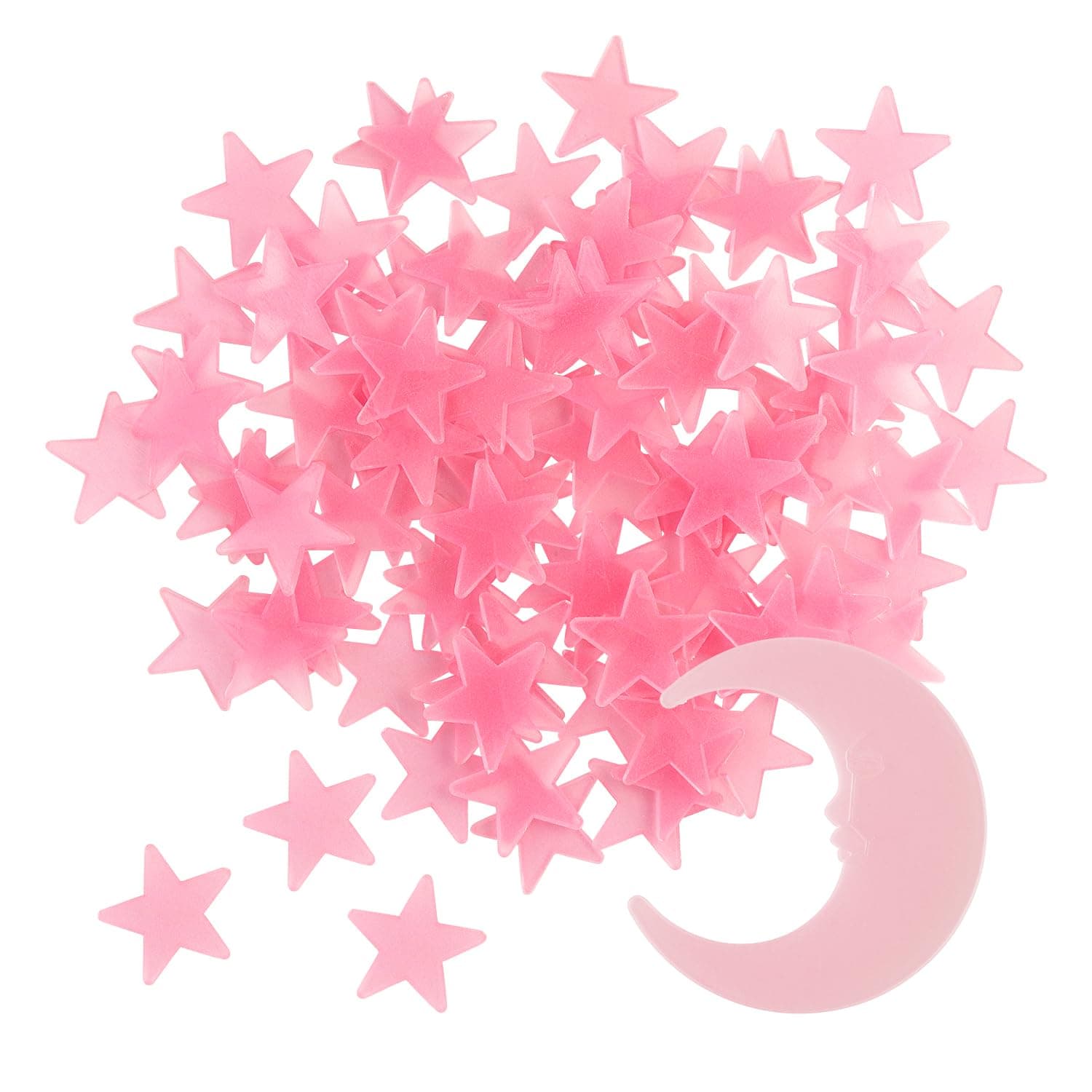 100 Stars and 1 Moon Glow in The Dark Luminous Fluorescent 3D Plastic Glow Stars Moon for Ceiling, Glowing Wall Stickers Create a Realistic Starry Sky, Room Decorations (Pink)