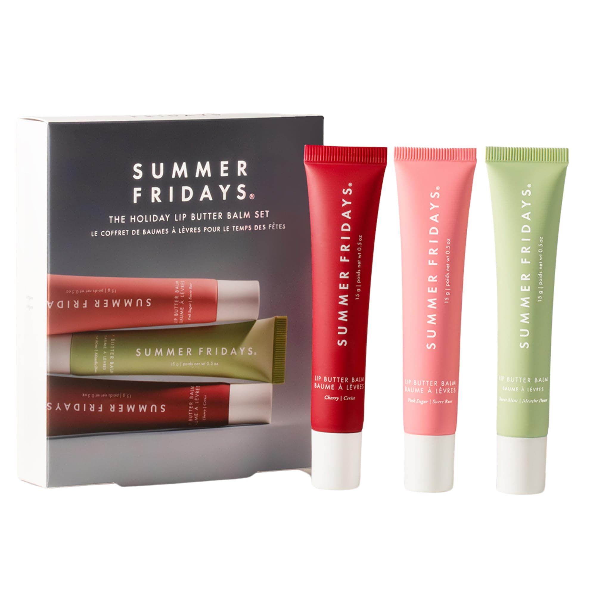 Summer Fridays Holiday Lip Butter Balm Set - Conditioning Vegan Lip Balm for Instant Moisture, Shine & Hydration - Includes Cherry, Sweet Mint & Pink Sugar (3 Count)