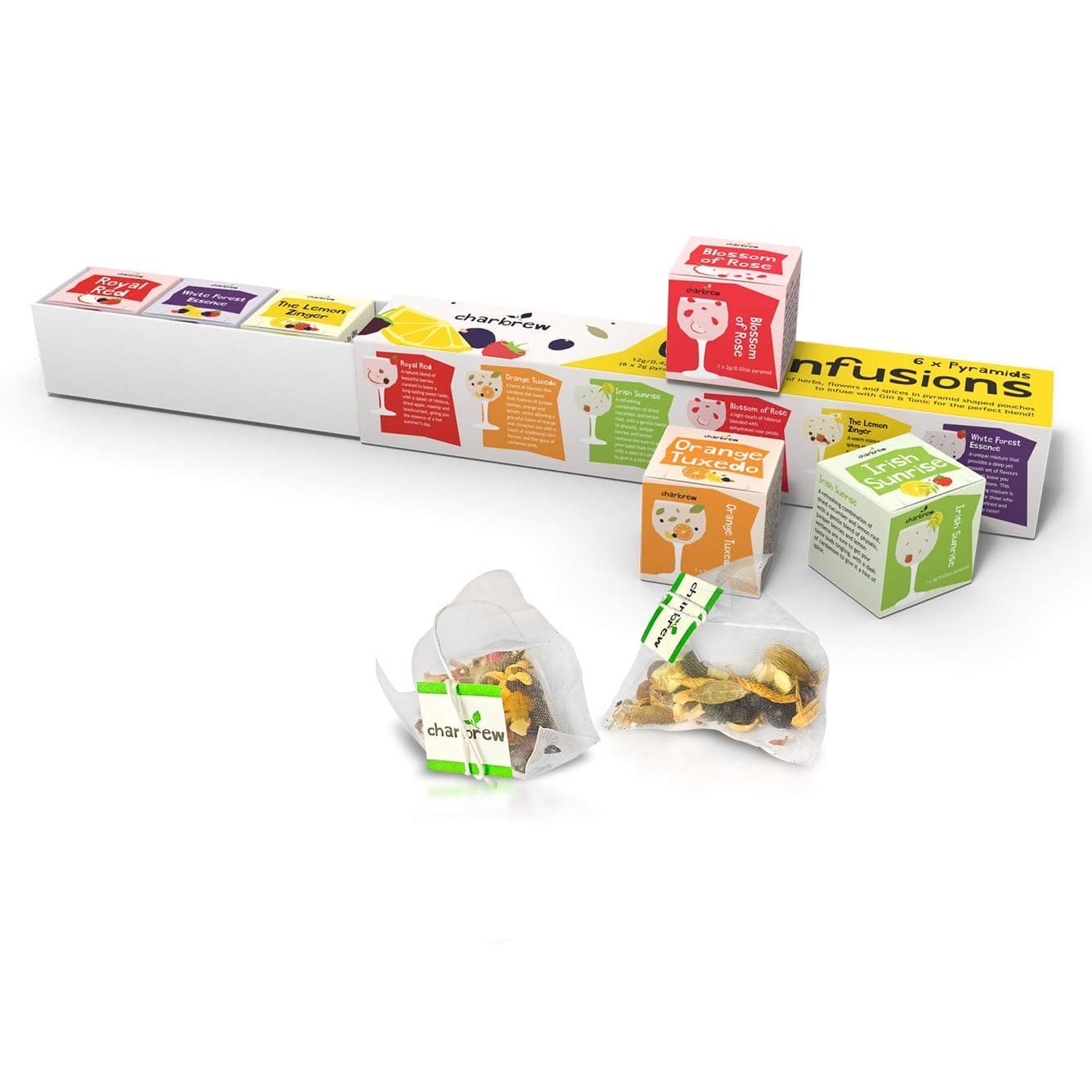 CharbrewGin Botanical Tea Infusion Pyramids Unique Gift Set 6 Teabags Gin Mixer Blends
