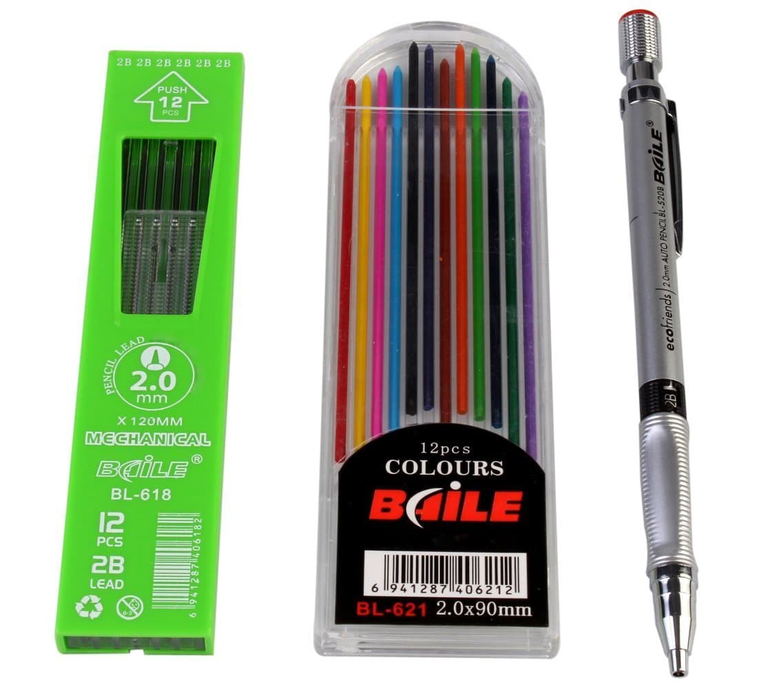 KABEER ART Set of Mechanical Lead Pencil, 12 Black Leads And 12 Color Leads