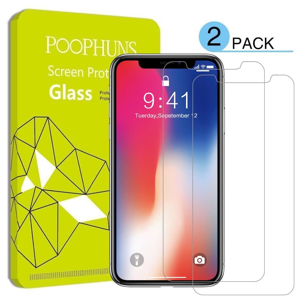 Screen Protector for iPhone X, POOPHUNS 2 Pack iPhone X Anti-Scratch Tempered Glass-3D Touch Compatible/9H Hardness/One-push installation/Bubble free-Professional Protector Film
