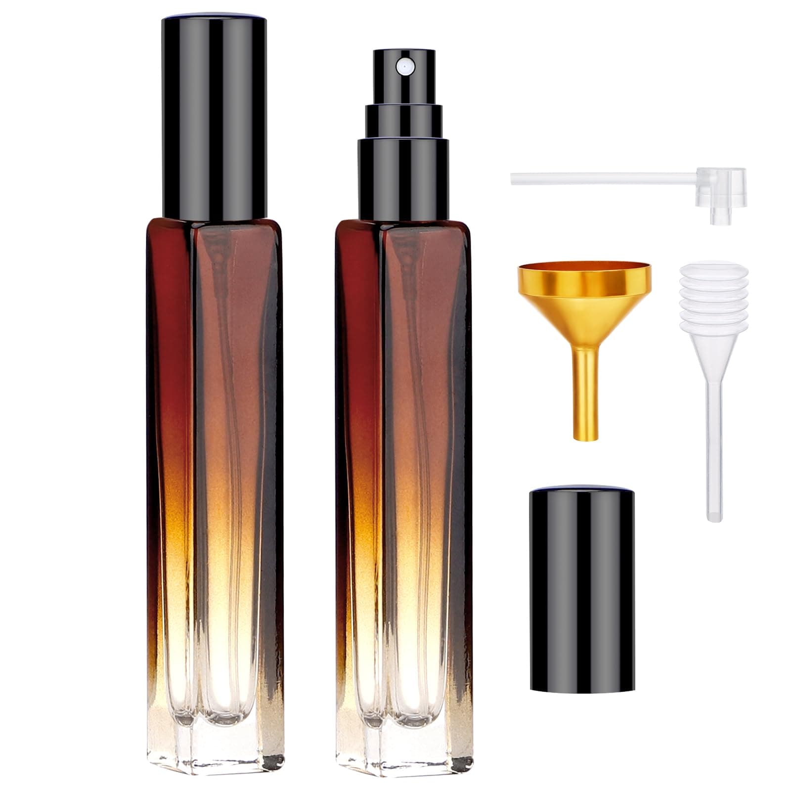 Segbeauty Empty Atomizer, 2pcs 10ML Travel Size Refill Bottle with Funnel and Dropper, Portable Glass Spray Bottle Cologne Dispenser Toiletries Sample Bottles Perfume Making Kit Amber