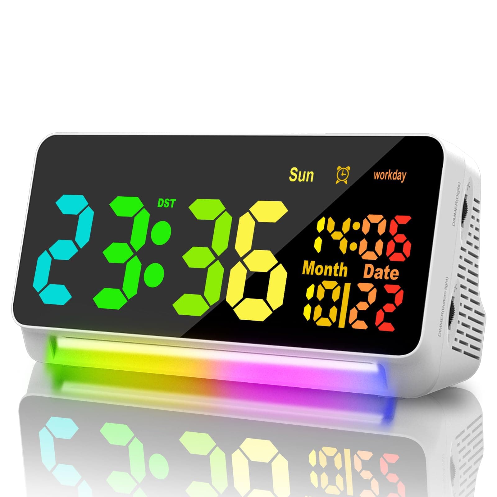 XREXS Large Digital Clock, RGB Colorful LED Digital Alarm Clock, Date Display, 15 Alarm Tones, Adjustable Brightness/Volume, Snooze, Workday Mode, Mains Powered, Alarm Clock for Kids