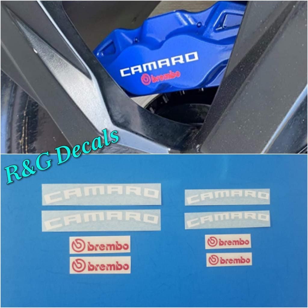 R&G Chevy CAMARO (Curve Letters) & BREMBO High Temp Brake Caliper Decals Stickers (Bundle) Set of 8 Decals + Instructions + Decal Surface Preparation Solution (White & Red)