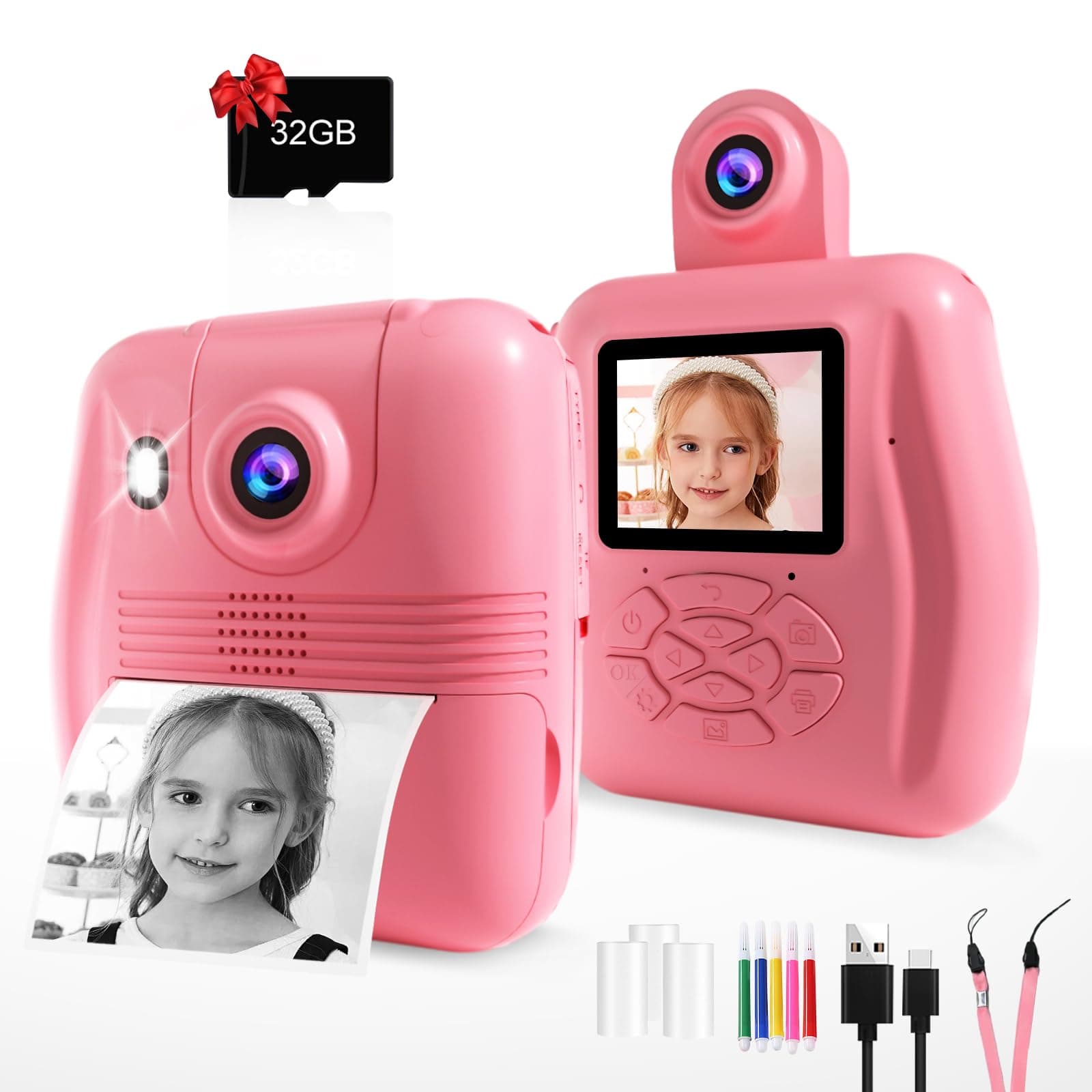 Kids Instant Print Camera - Upgraded 1080P HD Toddler Selfie Digital Toy Camera for Girls Age 3-12 Christmas Birthday Gifts with 16X Digital Zoom,2.4" Screen,3 Rolls Print Paper,32GB Card-Pink