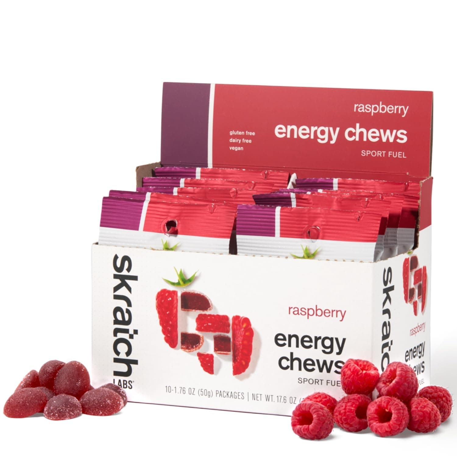 Skratch Labs Energy Chews | Gummies for Running, Cycling & Endurance Quick Carbs for Athletes, Easy to Digest, Real Fruit | Gel Alternative for Runs & Rides | Raspberry 10 Pack | Gluten Free, Vegan