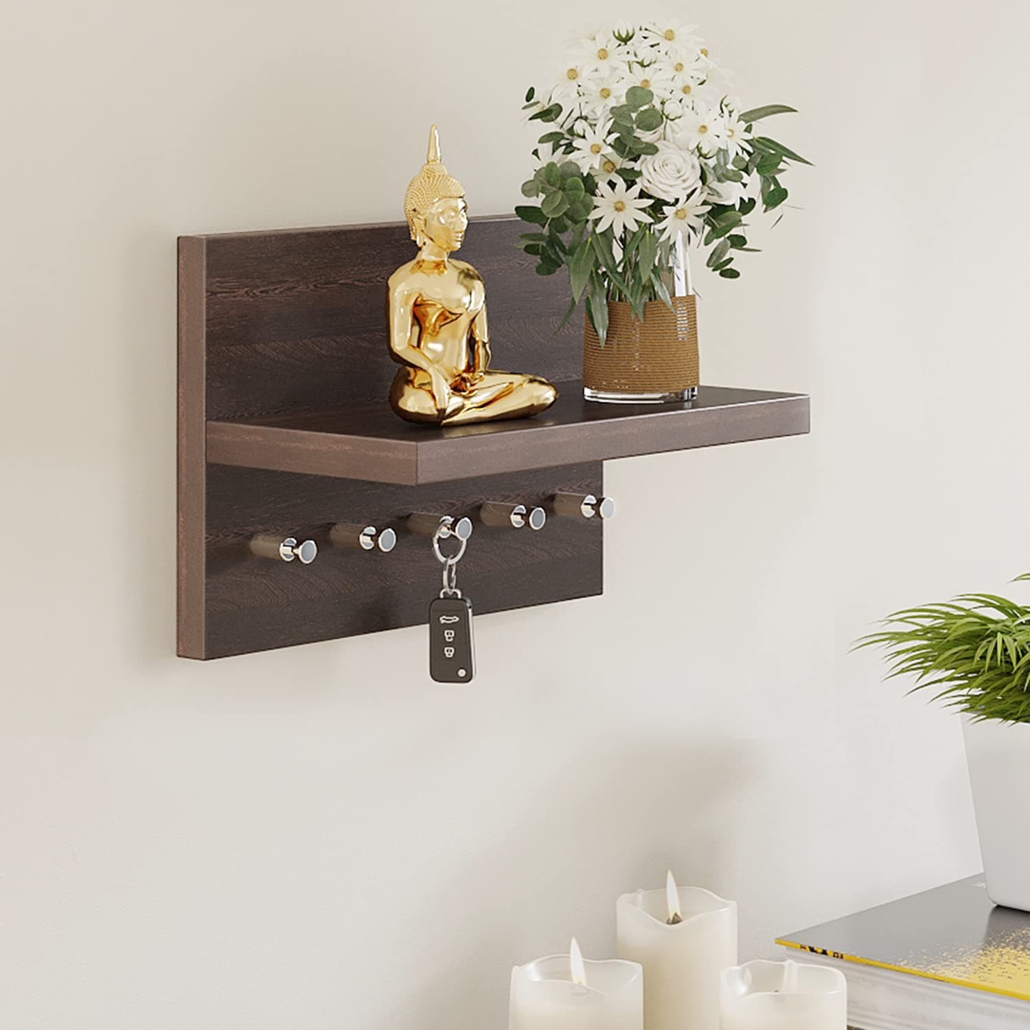 BluewudSkywood Wall Mounted Key Holder/Key Rack Hooks with Decor Shelf (Wenge, 5 Keys, with Shelf)