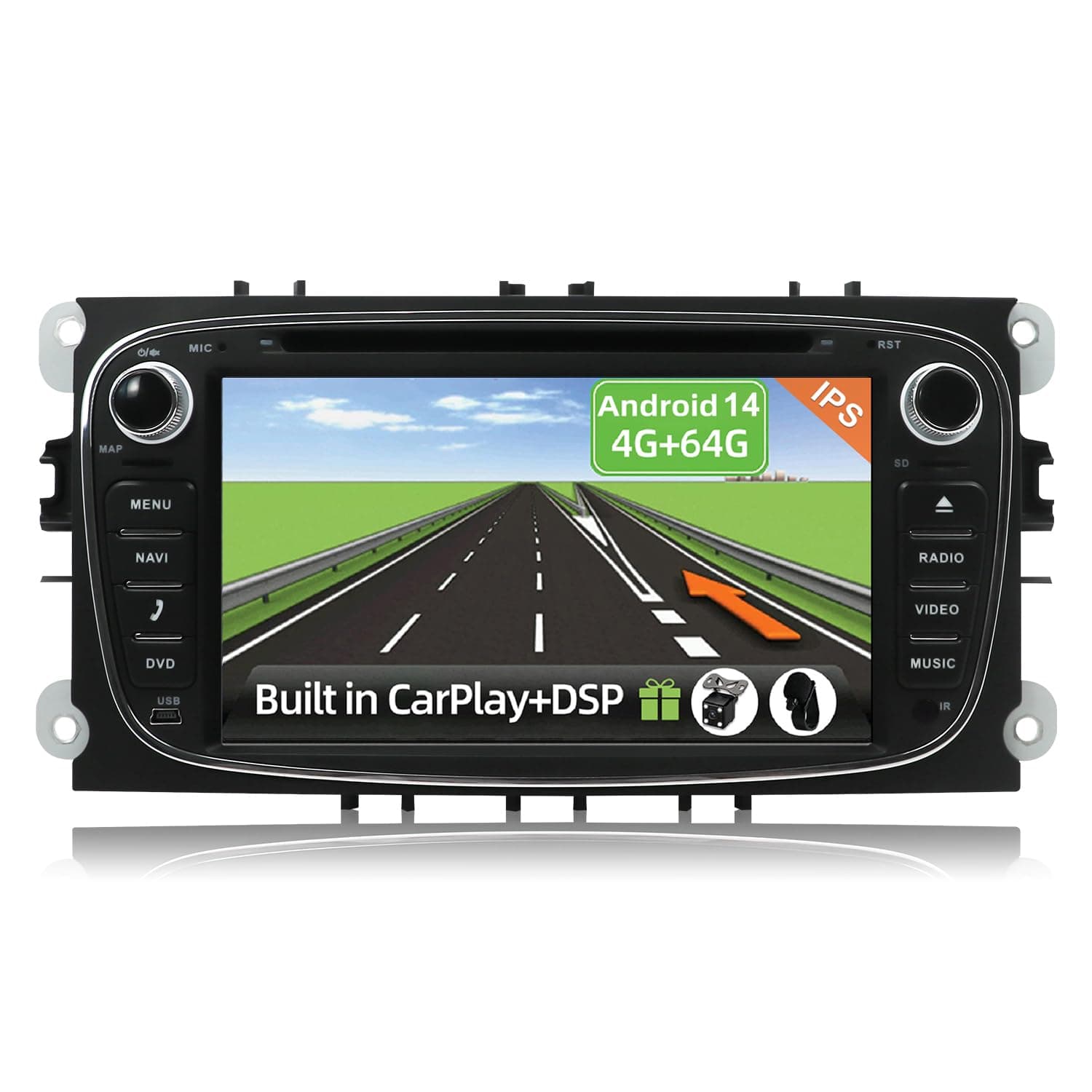 YUNTX PX6 Android 14 Car Stereo Fit for Ford Focus/Mondeo/Galaxy/S-max - [4G+64G] - GPS 2 Din - Head Unit with Free Rear Camera - Support DAB+/DVD/Carplay/Mirrorlink/USB/WiFi/Steering wheel control