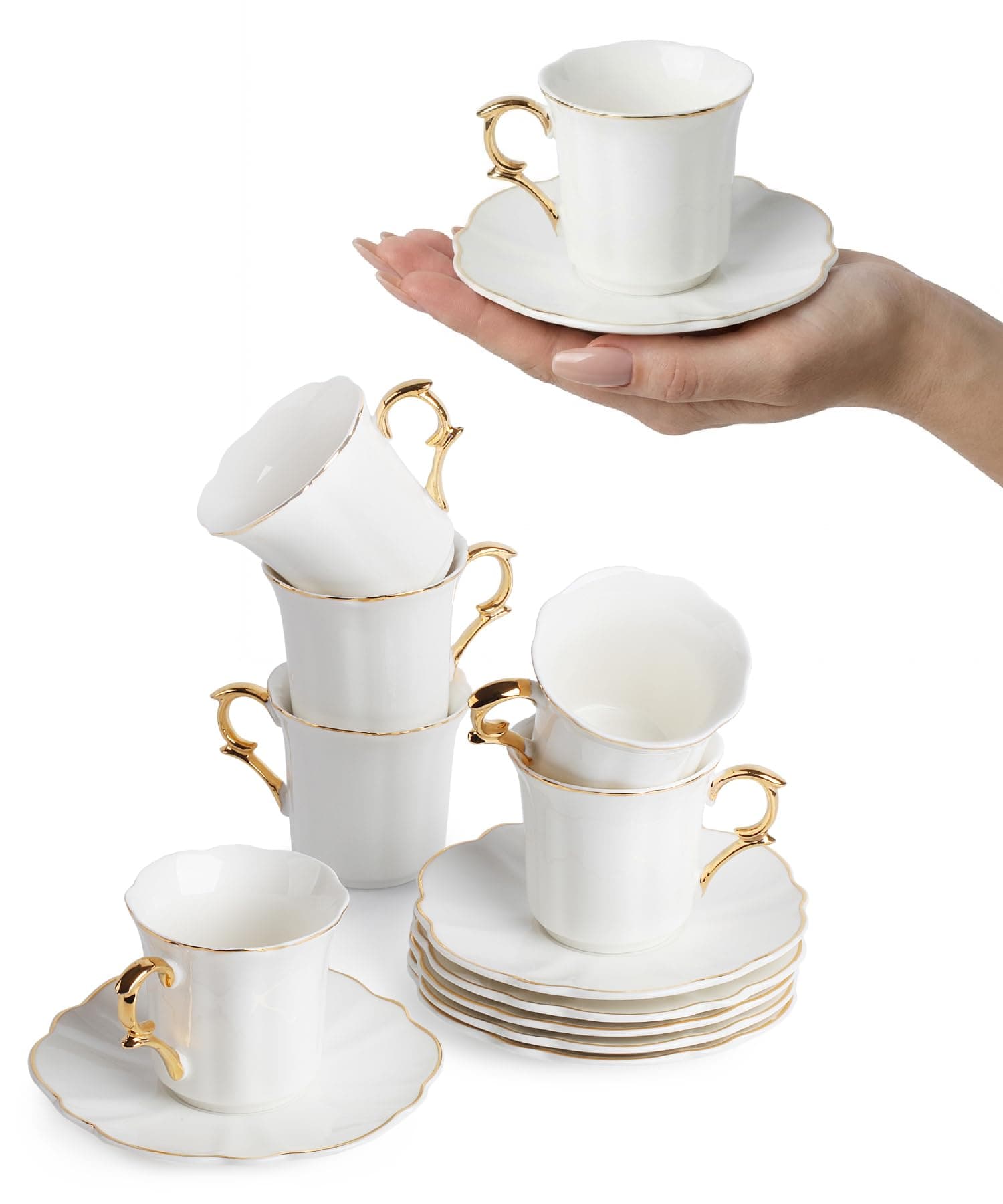 BTÃƒ¤T- Espresso Cups and Saucers, Set of 6 Demitasse Cups (2.4 oz) with Gold Trim and Gift Box, Small Coffee Cups, White Espresso Cup Set, Turkish Coffee Cups, Porcelain Espresso Mugs, Espresso Set