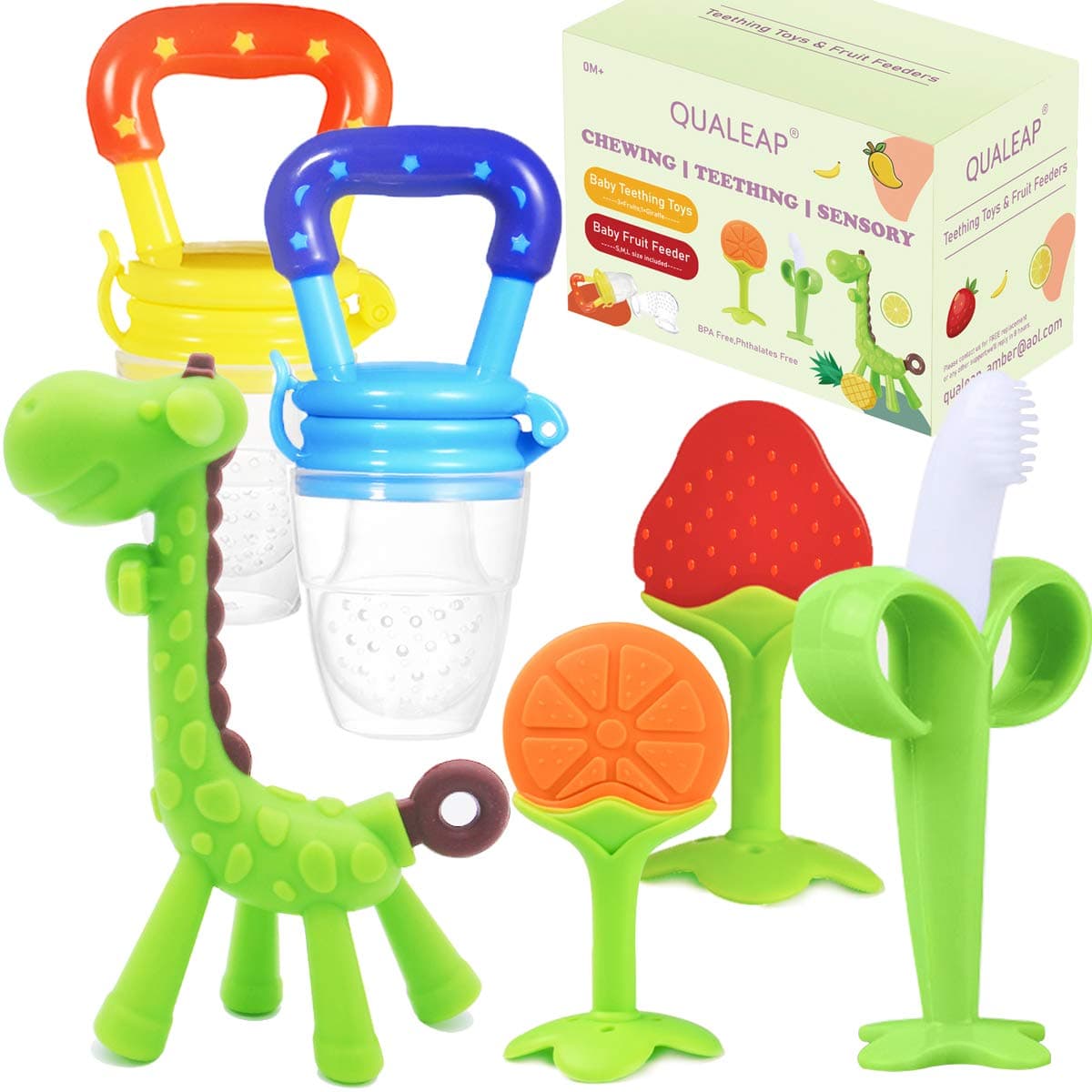 Medical-Grade Teething Toys for Babies 0-6 6-12 12-18 Months - Teethers with 2 × Baby Fruit Feeders and 4 × Baby Teether - BPA Free/Freezer Free - Soft Textures for Infant and Toddlers (Green)