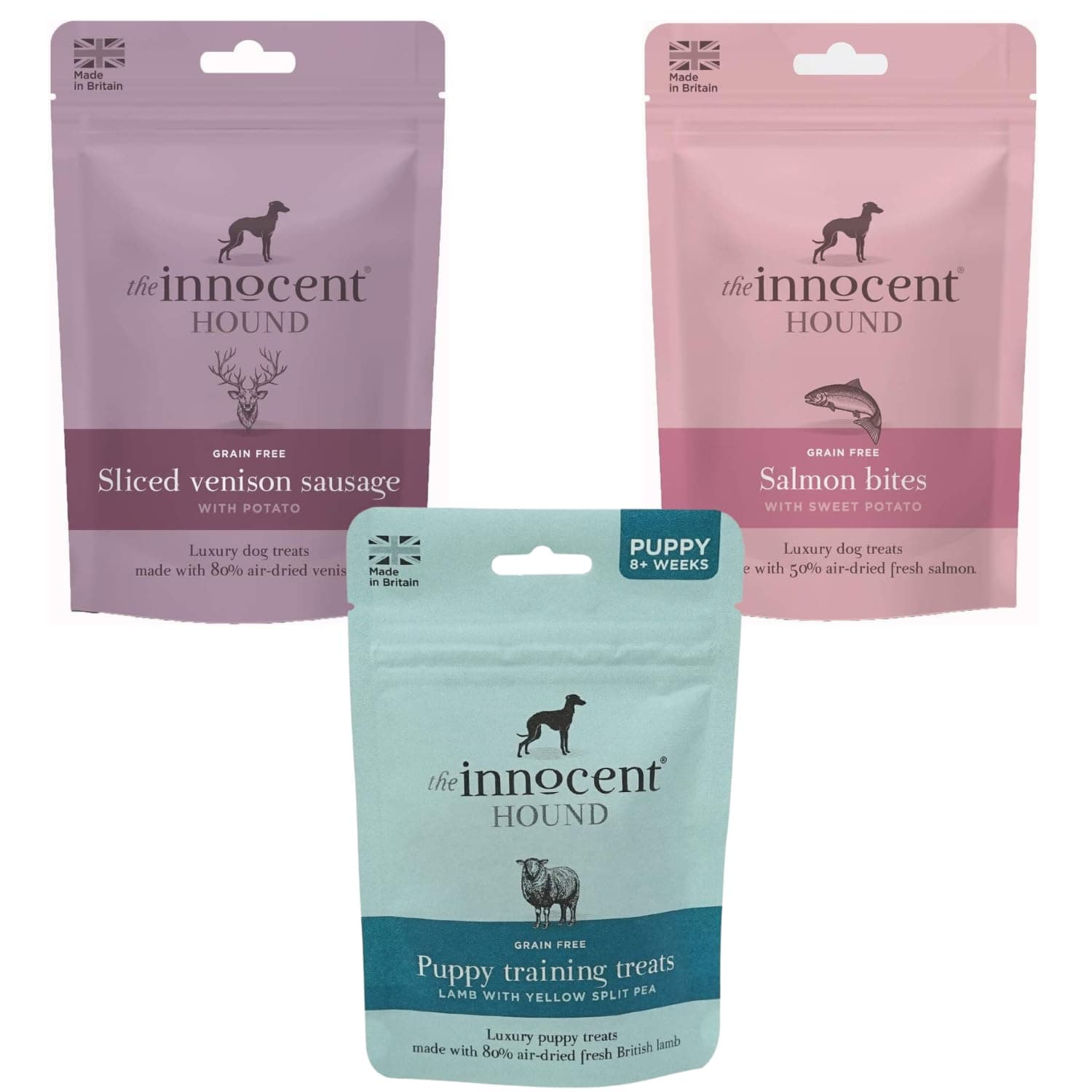 The Innocent Hound Dog Treats | Sliced Venison Sausages with Potato 70g, Salmon Bites with Sweet Potato 70g and Luxury Puppy Training Treats 70g | Pack of 3