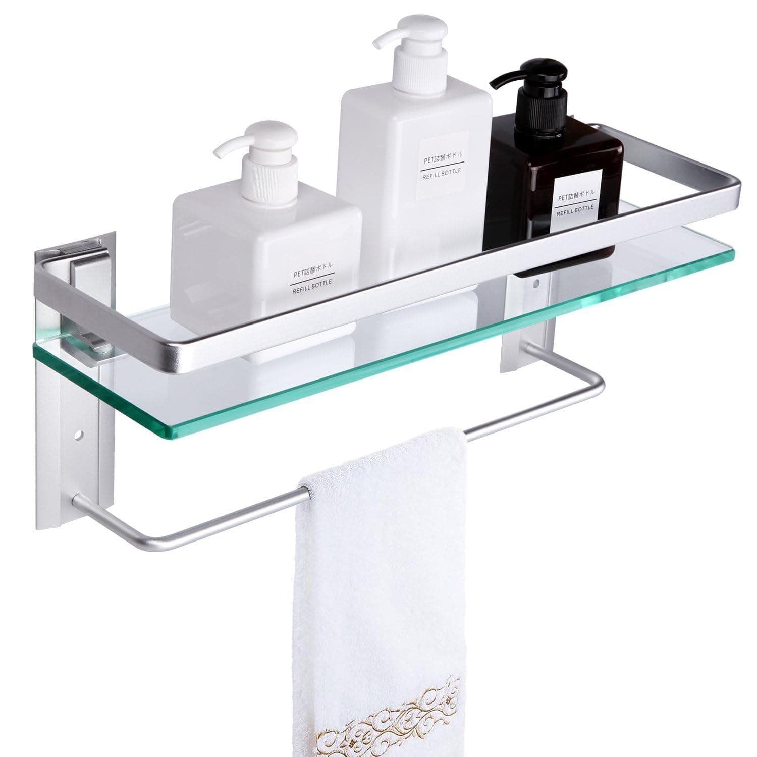 Vdomus Glass Bathroom Shelf with Hand Towel Bar, Rectangular Wall Mounted Bathroom Shelf Storage Extra Thick Tempered Glass, 15.2x4.5 inches with Brushed Silver Finish