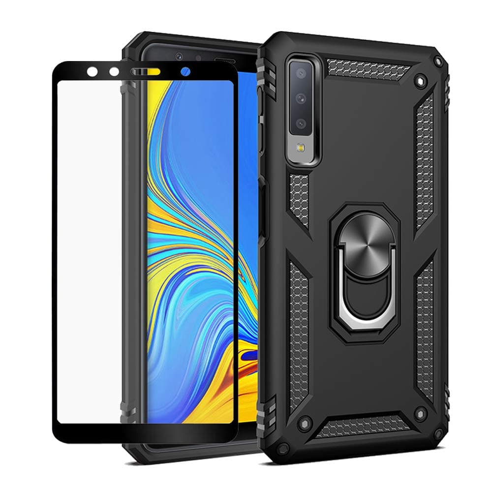 for Samsung Galaxy A7 2018 /A750 Case,Heavy Duty Shockproof Protection Built-in 360 Rotatable Ring Magnetic Car Mount Case Cover with Screen Protector for Samsung Galaxy A7 2018(Black)