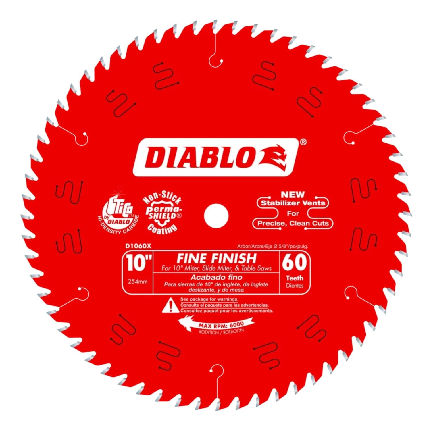 Fine Finish Saw Blade for Wood - Ultra-Smooth Cuts, 60 Hi-ATB Teeth, 10" Diameter, .098" Kerf, 5/8" Arbor - D1060X