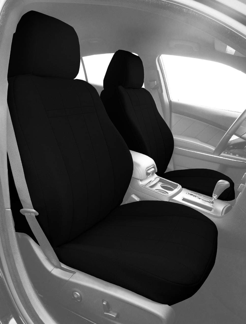 Front Sport Buckets Seats, CalTrend SportsTex Seat Covers for 2012-2014 Dodge Charger Black Black Insert with Black Trim