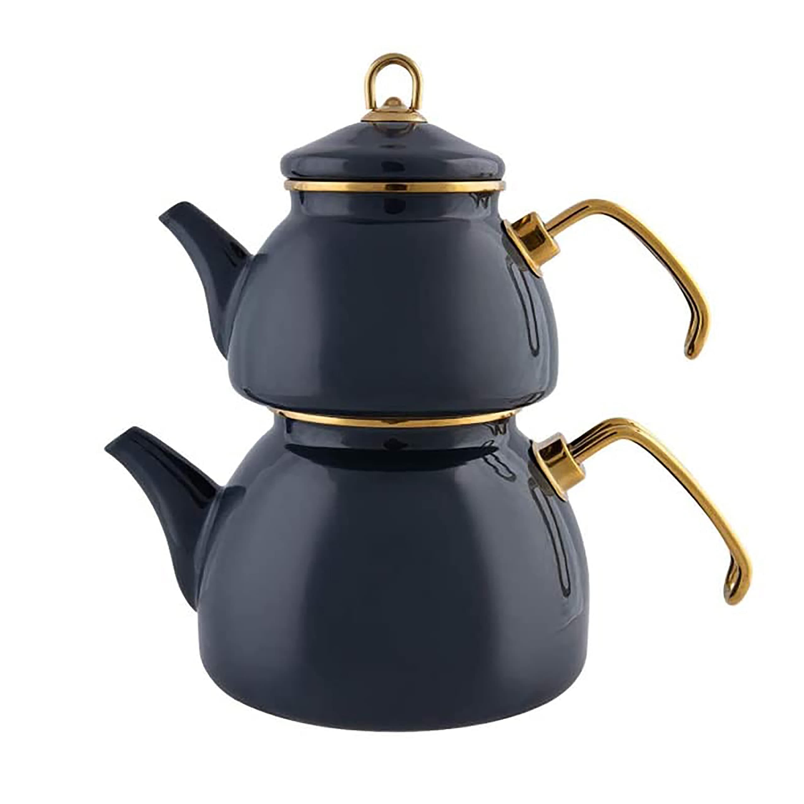 Karaca Retro Teapot Set Anthracite, Enamel, Teapot/Lid (1.1 lt, 2.4 lb), Tea Kettle (2.3 lt, 5 lb), Titanium Coated Handles, Suitable for Induction