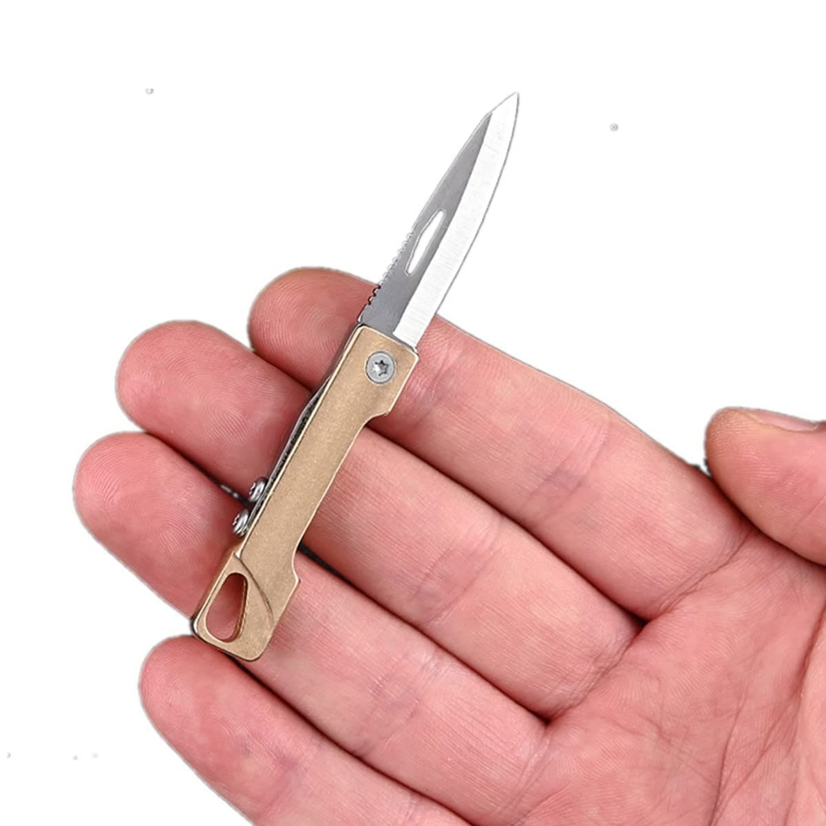 Ultra Small Little Folding Pocket Brass Knife, Special High Carbon Alloy Steel Blade Brass Handle, Mini EDC Portable Knife, Ultra Compact and Lightweight (Pointy head)