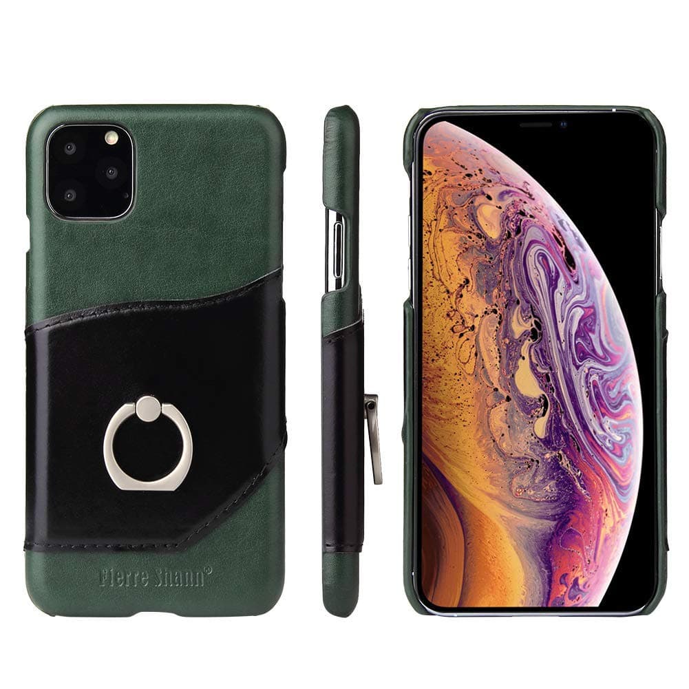 Fierre Shann Case for iPhone 11 Pro,Genuine Leather Ultra Slim Finger Ring Card Slot Cell Phone Case for Apple iPhone 11 for Men Women - Green