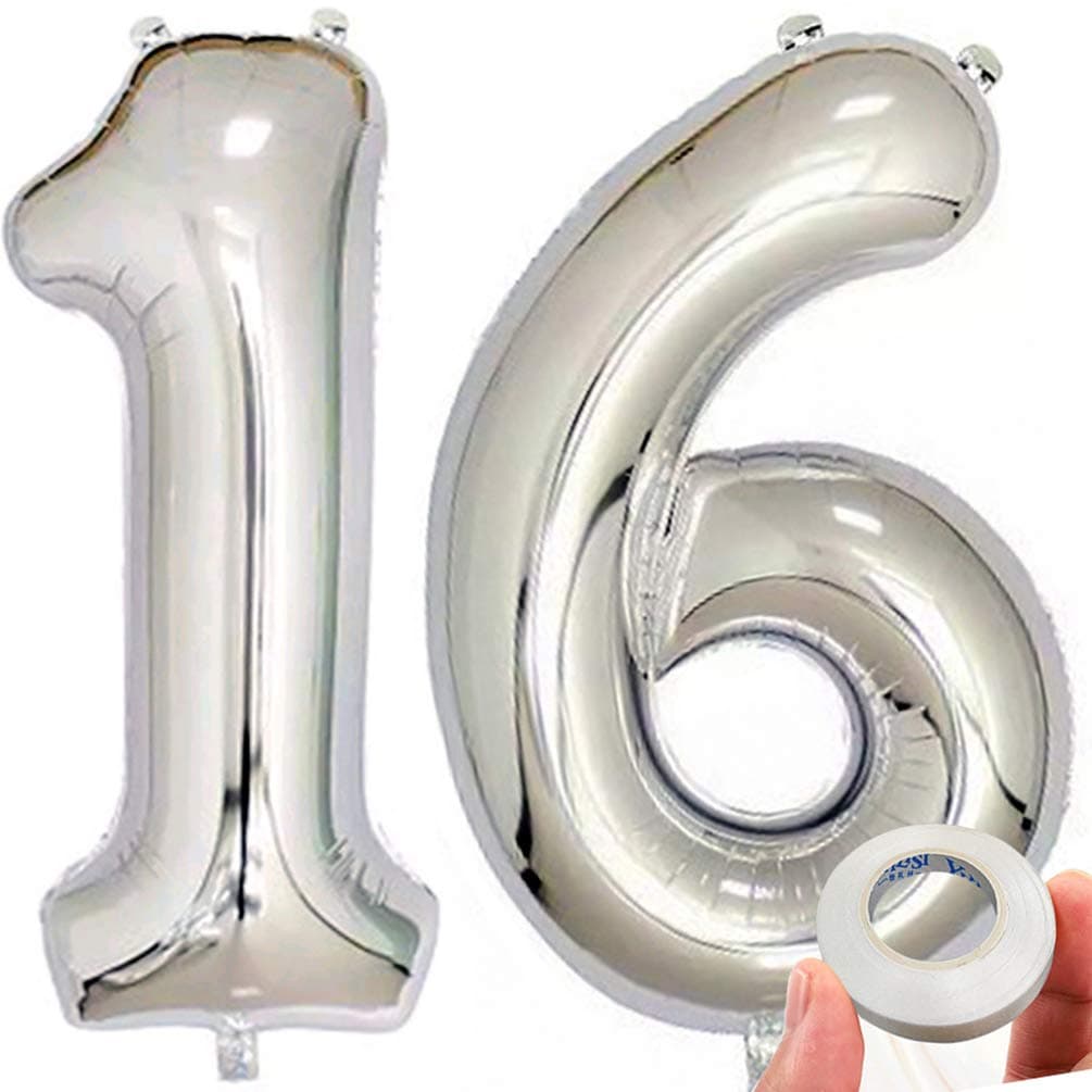 KEYYOOMY 40 inch Number 16 Balloon Silver Gaint Jumbo Foil Mylar Number balloons For Sweet 16 Birthday Party Decorations
