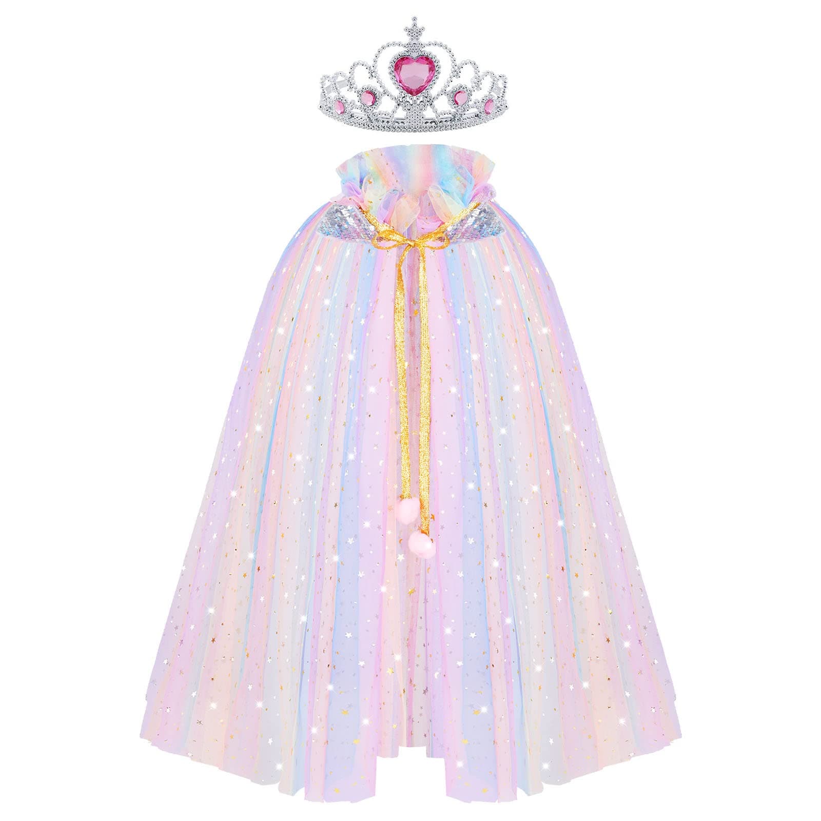 ACWOO Princess Cape for Girls, Colorful Princess Cloak with Crown, Princess Fancy Dress Up Sparkling Sequins Tulle Princess Cape Set for Halloween Birthday Party Cosplay
