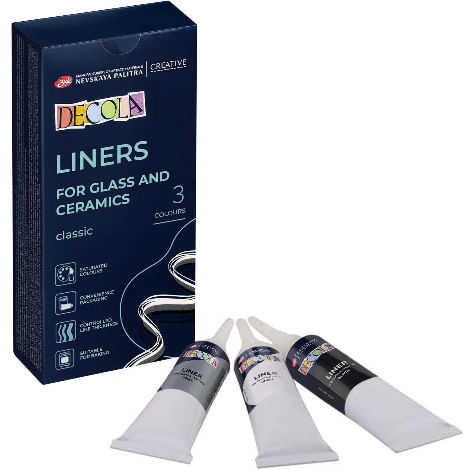 Decola Acrylic Liners - Water-Based 3 x 18 ml for Porcelain and Glass - White, Grey, and Black - Made by Nevskaya Palitra