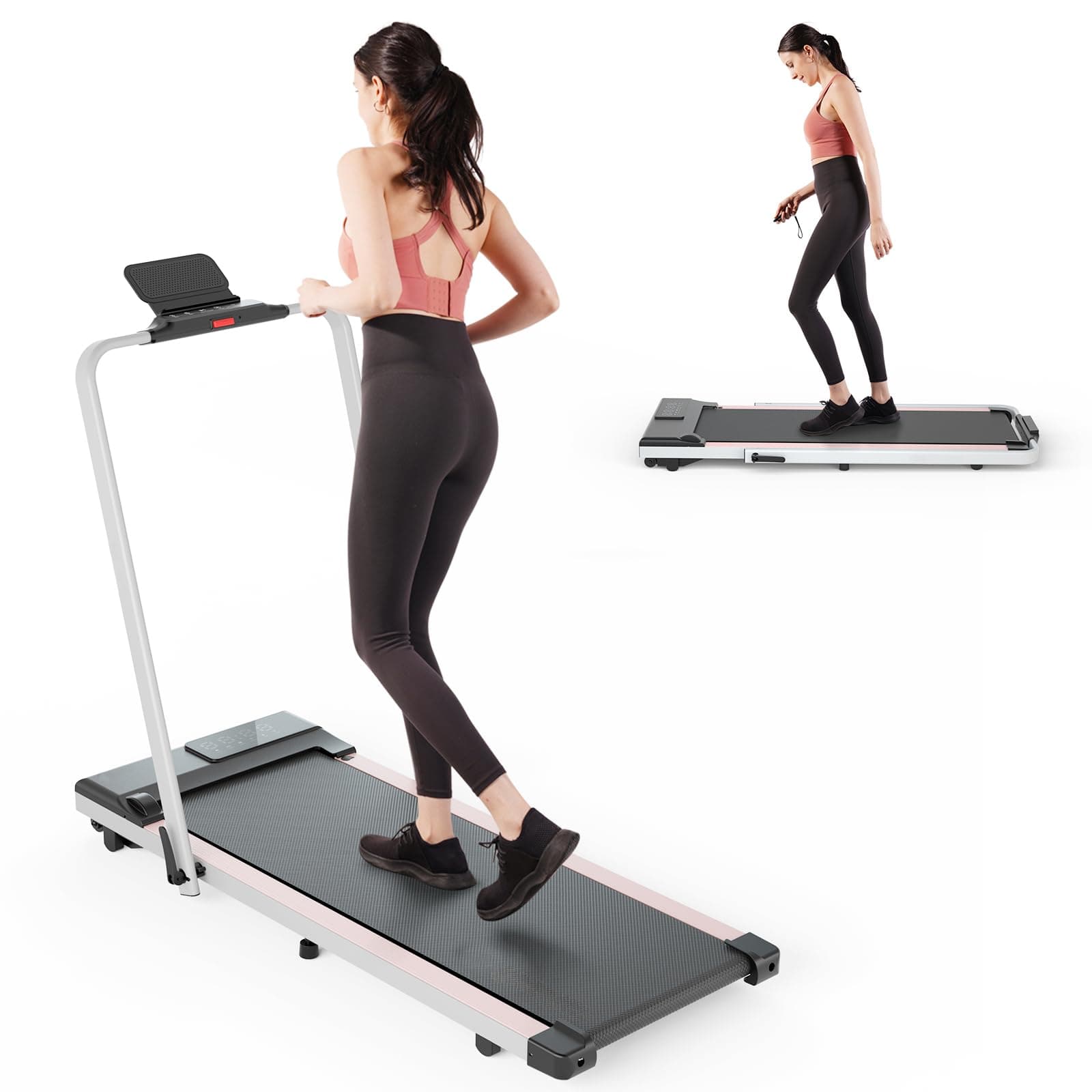 DeerRun 3 in 1 Folding Treadmills for Home, 3.0HP Powerful and Quiet Under Desk Treadmill, 300 lbs Capacity Foldable Walking Pad with Remote Control and Space Saving, Free Installation, Pink