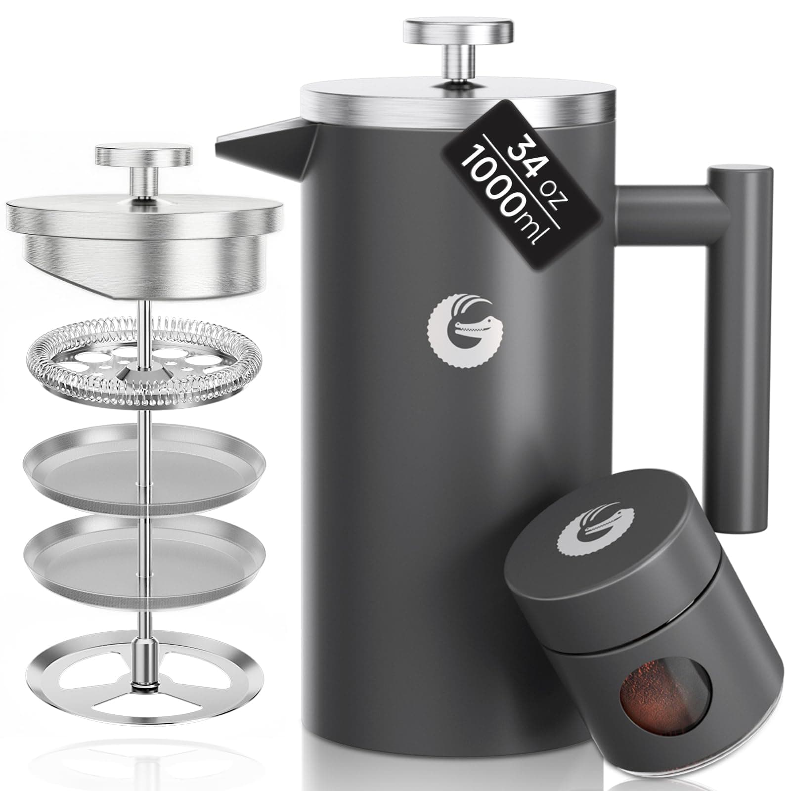 Coffee Gator Cafetiere French Press plus Mini Jar Canister, Double Walled Insulated Coffee Press with Stainless Steel Filter, Hot Cold Brew Tea Maker, 1 Liter (4-8 Cups)