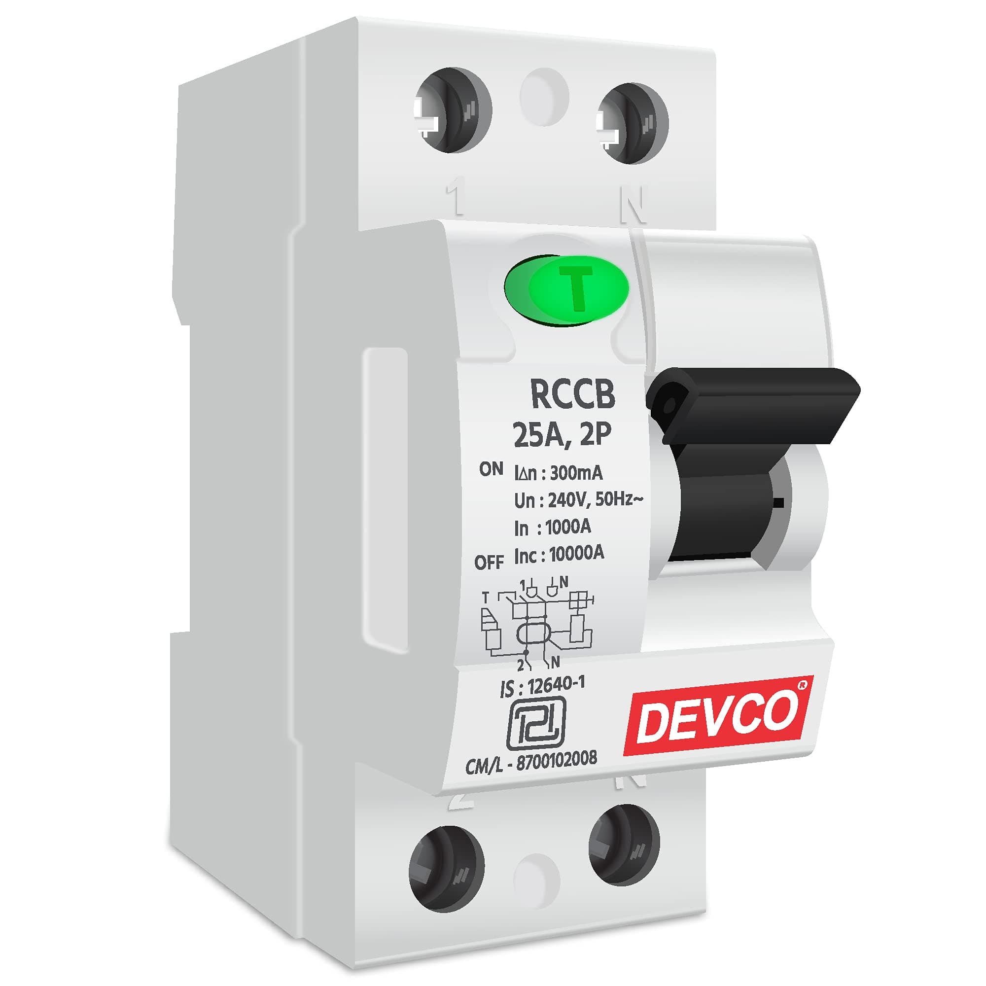 DEVCO RCCB Double Pole 25 AMP/100mA 240 V Residual Current Circuit Breaker ISI Mark MCB (White)