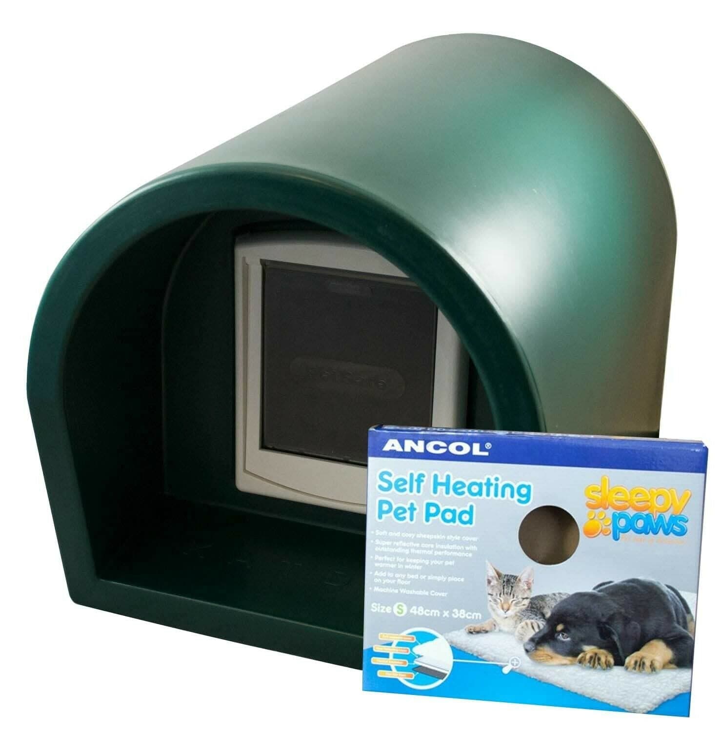 The Original Mr Snugs KatDen® Outdoor Cat Kennel/Shelter - Dark Green - Kennel, Door & Self Heating Pet Pad