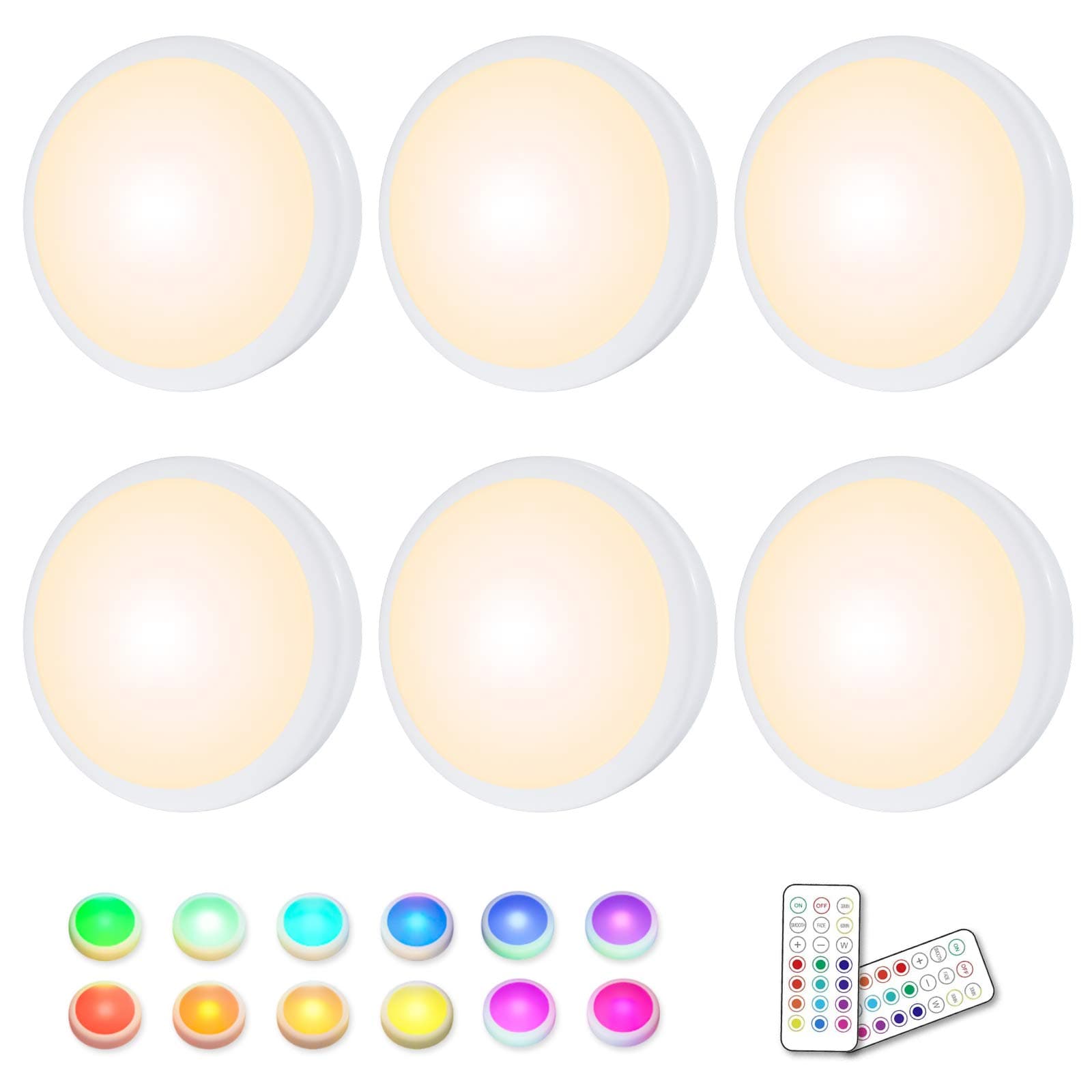 HELPLEX LED Puck Lights with Remote, 6 Pack Color Changing RGBW Stick-On Light, Battery Powered, Dimmable Under Cabinet Lighting with Timer & Memory, Wireless Push Lights for Kitchen & Closet