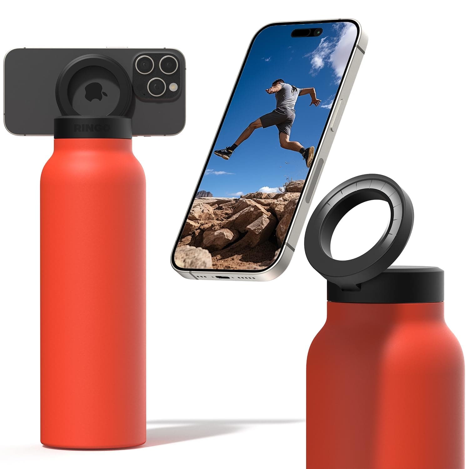 Ringo Insulated Water Bottle for iPhone with Magnetic Phone Mount | Stainless Steel Water Bottle with Tripod Phone Holder | Perfect for Gym & Travel | Hot 12H, Cold 24H, 360° Rotate | Orange 32oz