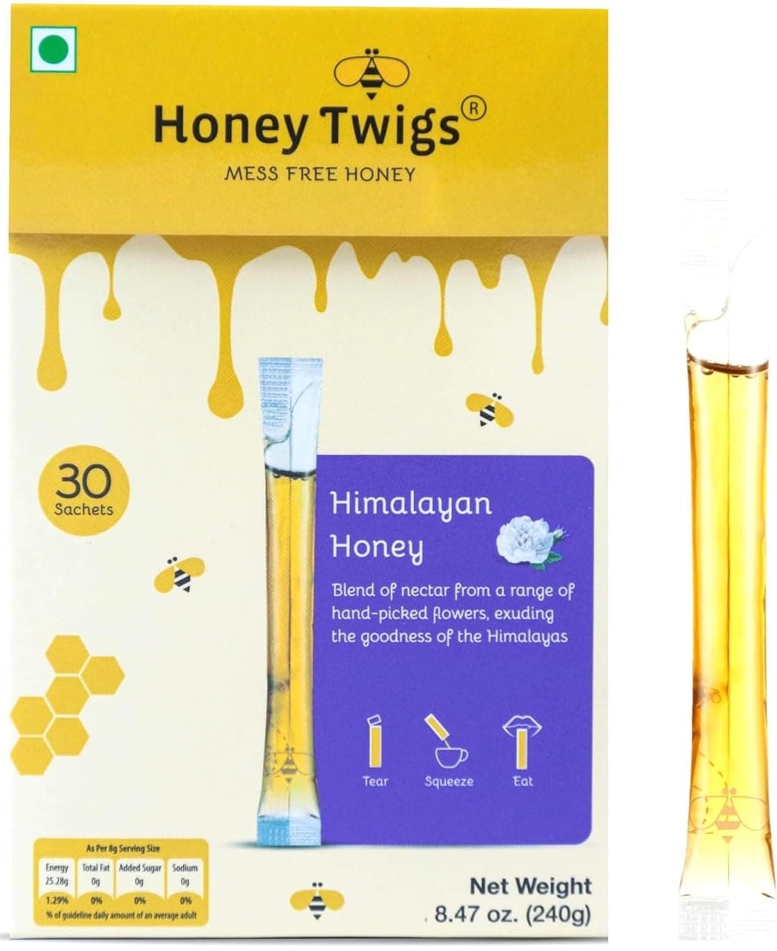 Himalayan Honey Sticks - 30 Count Single Serve Natural Honey Straws - 8.47 oz per pack (8g per stick) | 100% Pure, Pocket-friendly Travel Pack