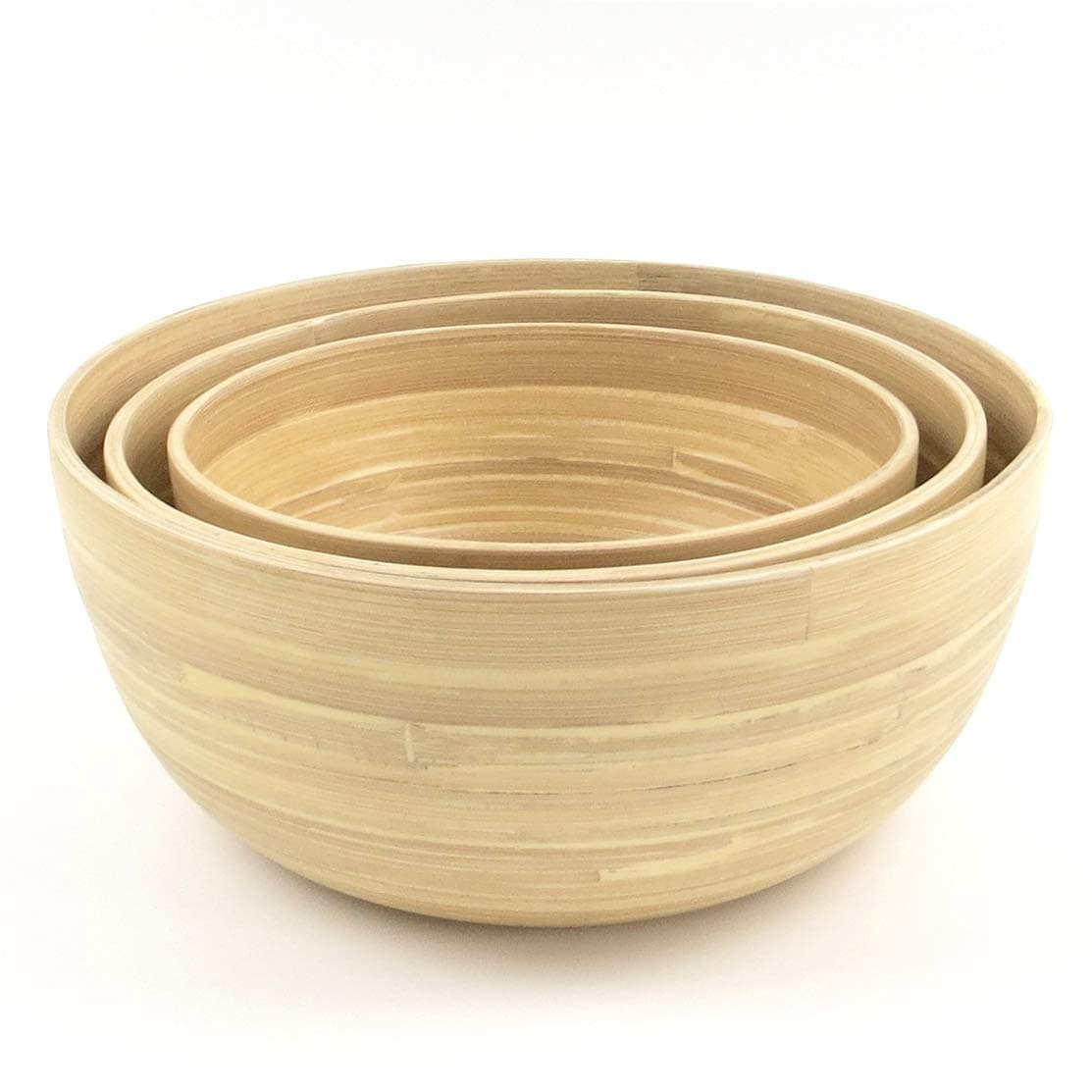 Round Bamboo Serving Bowl Set Of 3 Premium Handcrafted Made From Bamboo Eco Friendly, Light And Durable, Beautifully Shaped For Mixing Salads, Fruits Storage, Room Decoration (Matte Bamboo Natural)