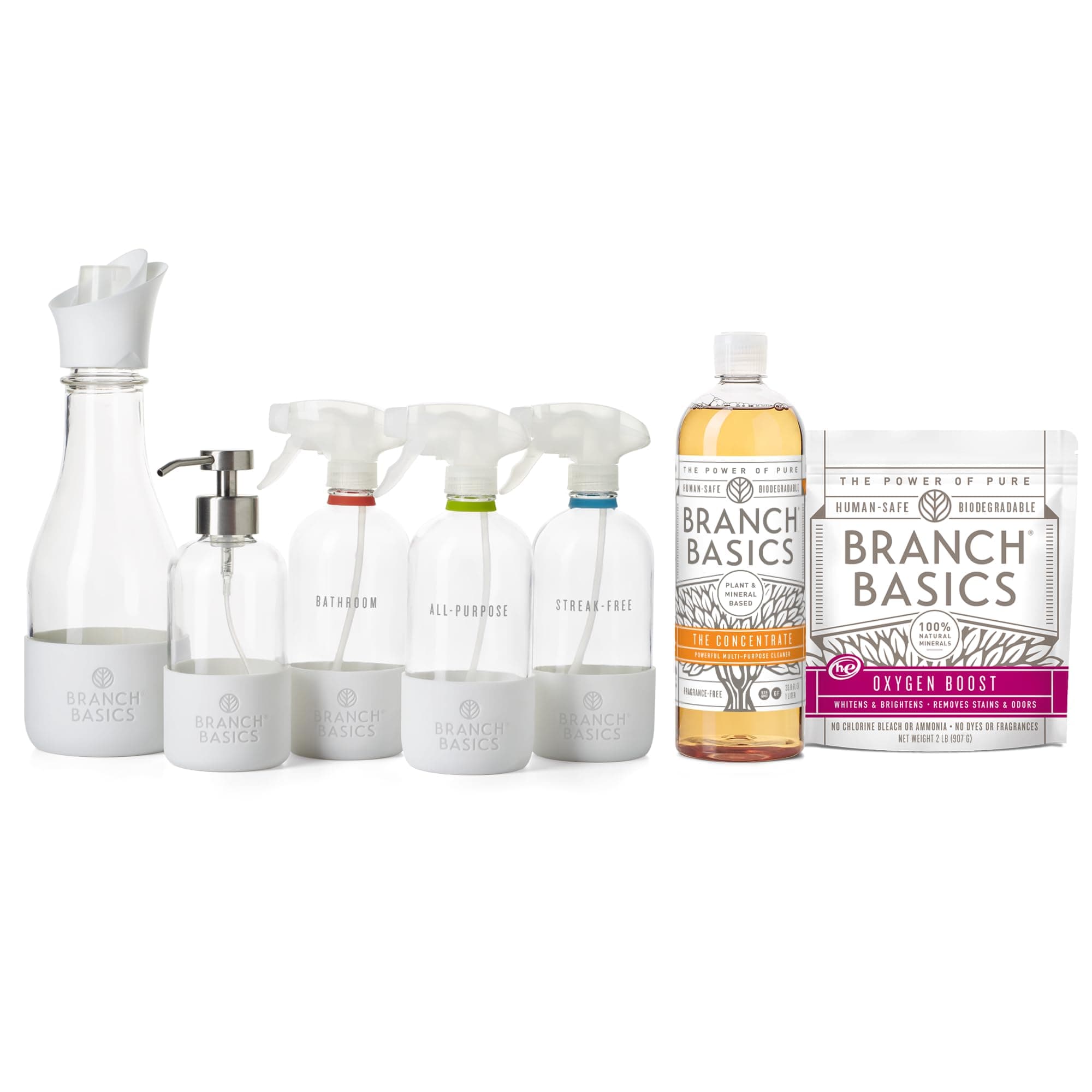 Branch Basics Premium Starter Kit with Glass: Multi-Purpose Cleaner, Glass Cleaner, Bathroom Cleaner, Wash Bottle, Laundry Bottles (3 Glass Spray Bottles + Concentrate) Unscented