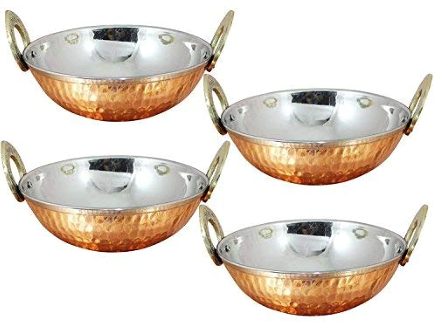 Set of 4, Pure Copper, Stainless Steel Bowls with Solid Brass Handle Serveware Accessories Karahi Pan for Indian Food,Diameter- 6.9 Inches