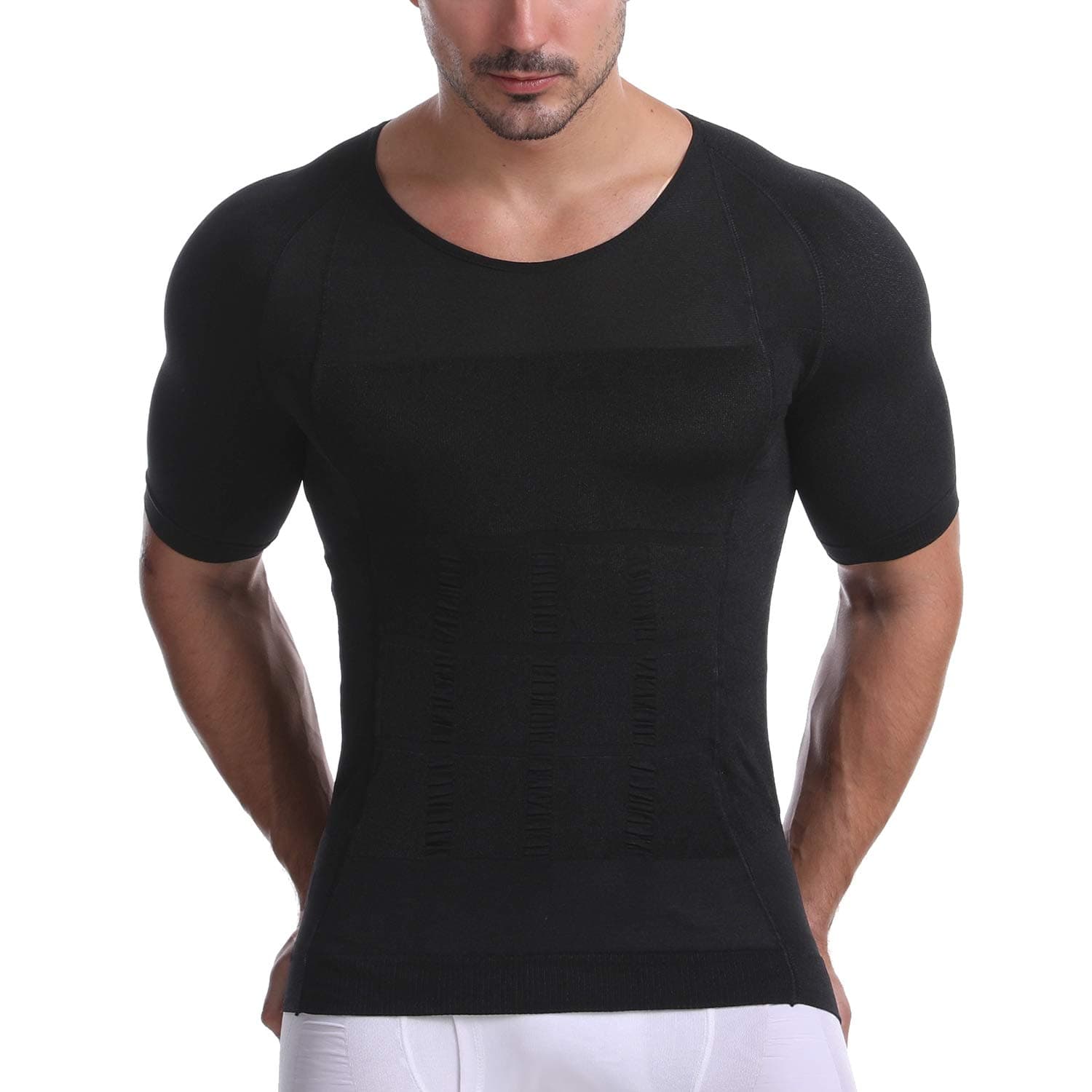 Men's Compression Shirt Slimming Short Sleeve Baselayer Body Shaper Workout T-Shirt Cool Dry Shapewear Undershirt, 1859, Black, L
