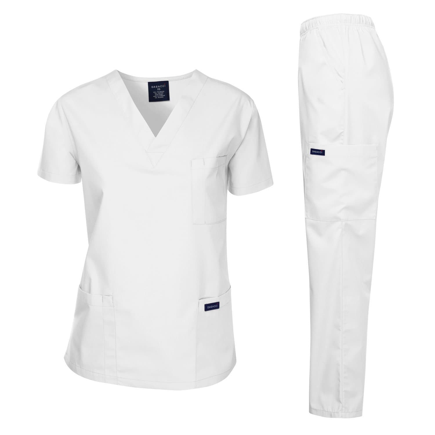 DAGACCI Women's and Men's Medical Scrubs Top and Pants Set, White, L