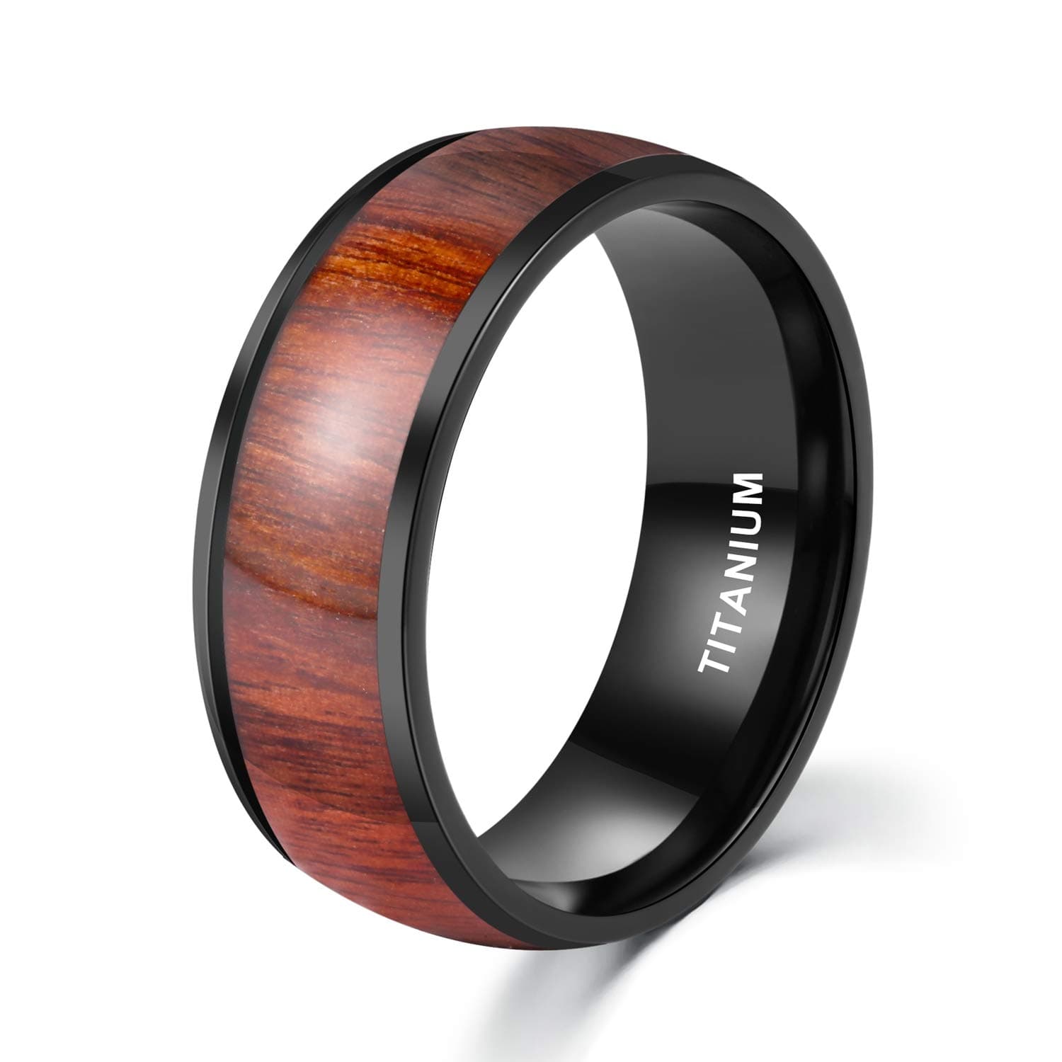 POYA 8mm Black Titanium Ring with Wood Inlay Domed Edges Comfort Fit Wedding Engagement Band (13.5)