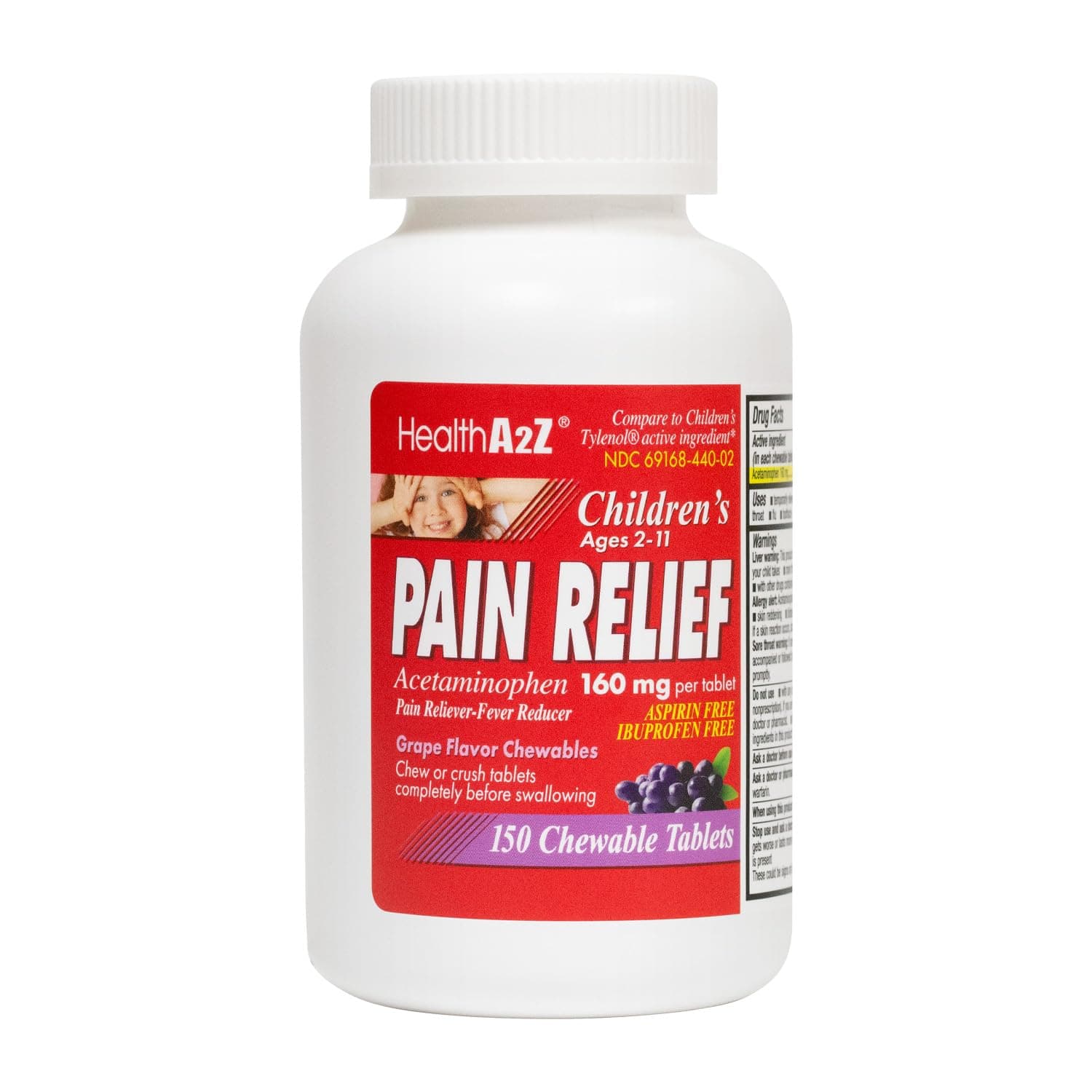 - Children’s Chewable Pain Relief | Acetaminophen 160mg | Grape Flavor | Fever Reducer & Pain Reliever | Aspirin & Ibuprofen Free | 150 Counts