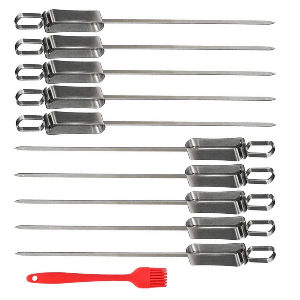 BBQ Skewers, Reusable Steel Kabob Skewers for Barbecue Grilling with Metal Sliding Handle 14" Set of 10