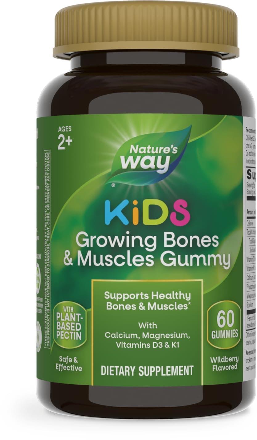 Nature's Way Kids Growing Bones & Muscles Gummy, Supports Healthy Bones & Muscles*, Calcium, Magnesium, Vitamins D3 & K1, Ages 2+, Wildberry, 60 Gummies