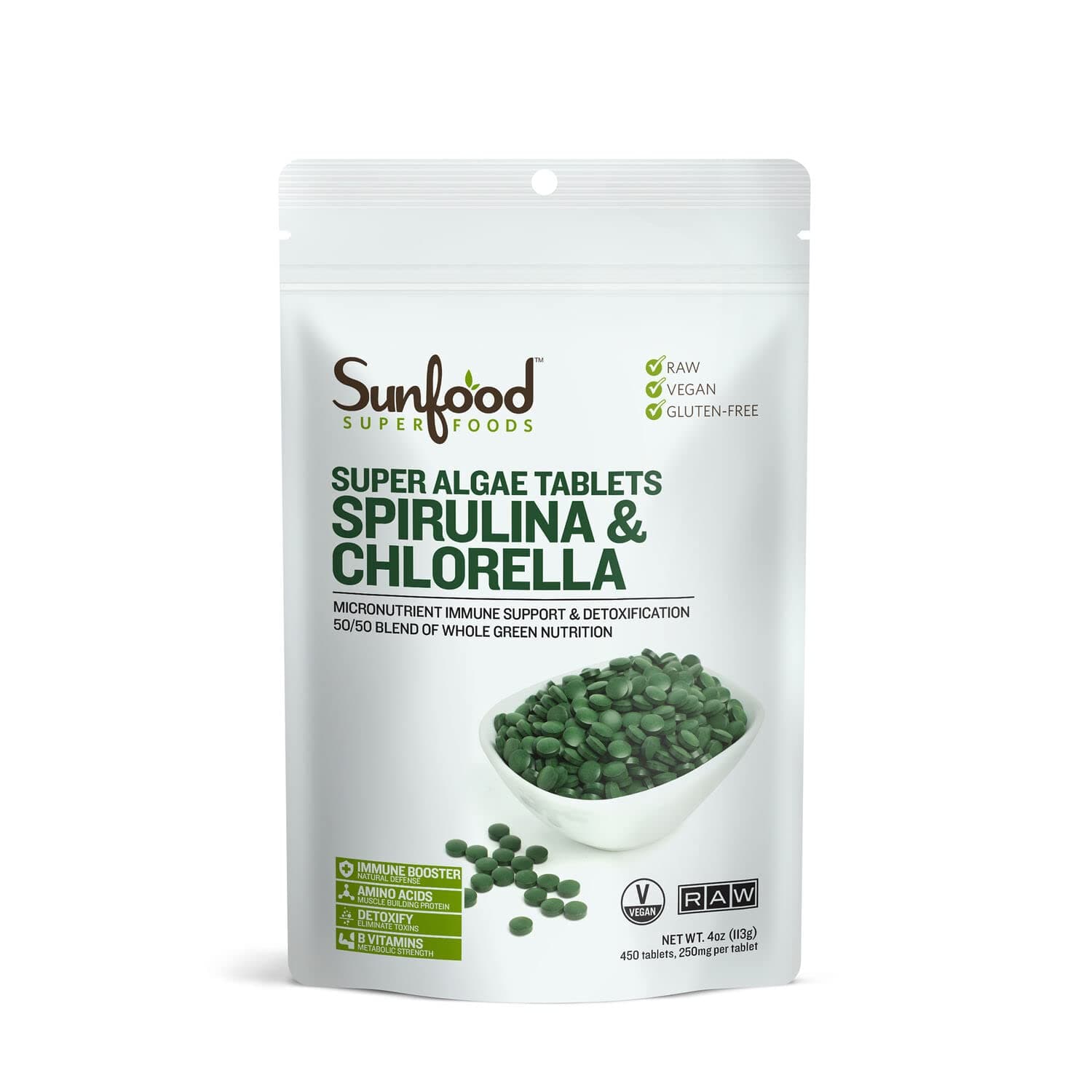 Sunfood Superfoods Spirulina & Chlorella Super Algae Tablets (No Fillers, Additives, Preservatives, 4oz Bag)