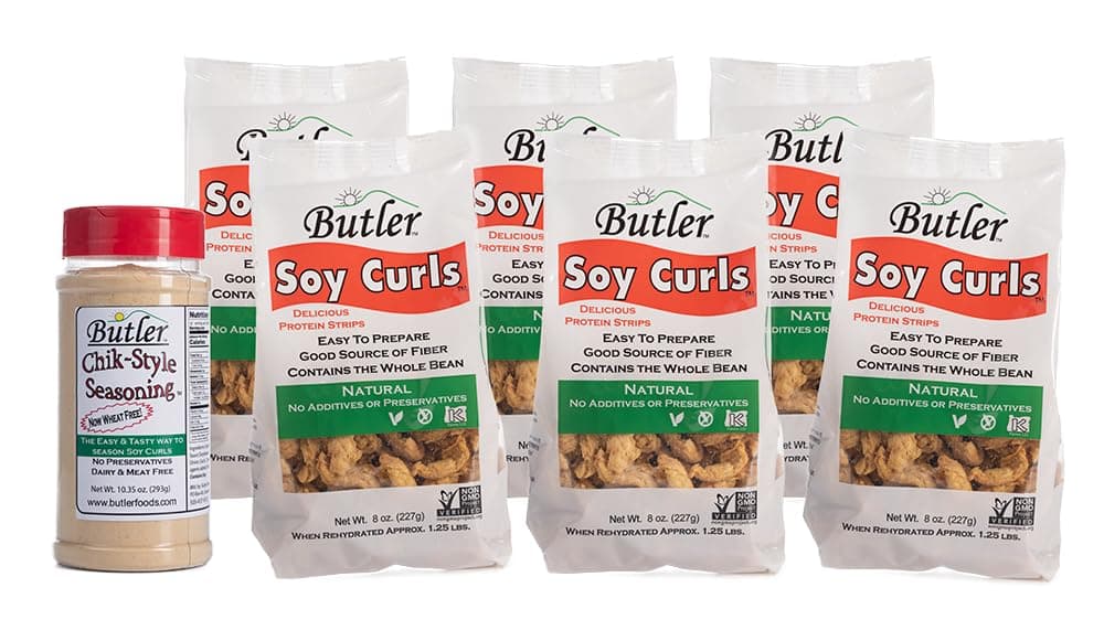 Butler Soy Curls 6 Pack - 6x 8 oz bags + 10.35 oz Chik-Style Seasoning