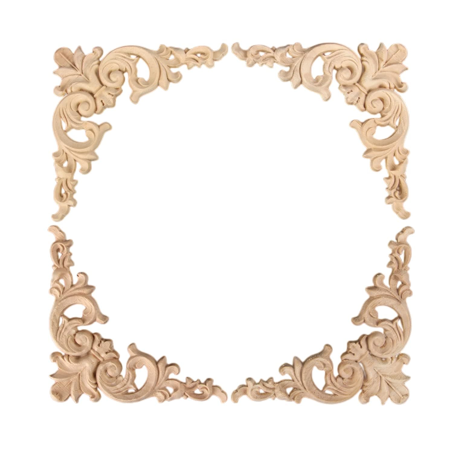 MUXSAM 4-Pack Wood Applique Onlay, Unpainted Wooden Carved Corner Decals, Retro Carvings Embellishments for Door Cabinet Bed Wall Mantel Mirror Wardrobe Cupboard Dresser Upgrade, 20x20cm/7.9x7.9in