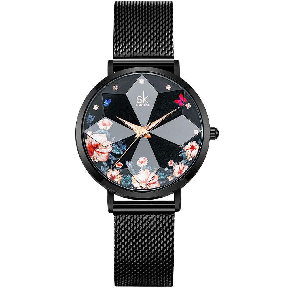 Creative Ultra Thin Minimalist Starry Sky Flower Dial Women Watch with Stainless Steel Mesh Band Genuine Leather Elegant Women Watches