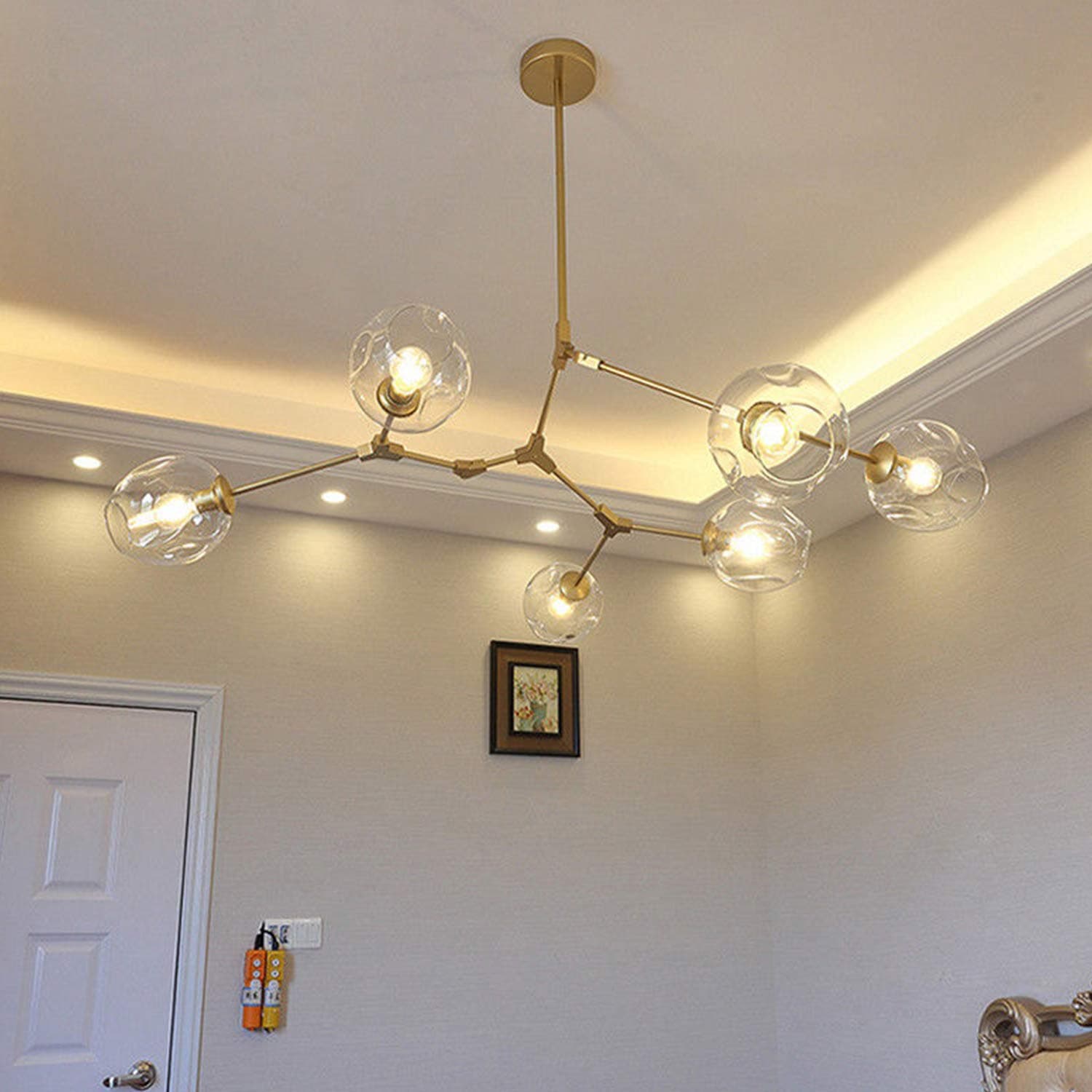 Modern Molecular Chandelier, E26 Nordic Bubble Ball Rotating Ceiling Light with Glass Lampshade, Pendant Lighting Rod Fixtures for Living Dining Room Bedroom Bar (Gold, 6 Lights)