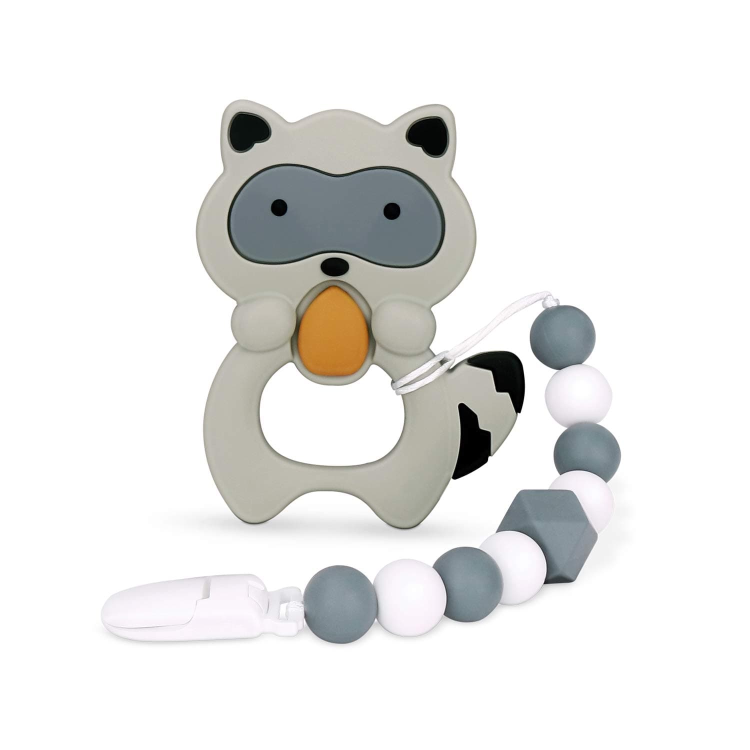 Baby Teething Toys, Teething Pain Relief, Silicone Teether with Pacifier Clip Natural BPA Free Raccoon for Freezer - Best Newborn Shower Gifts for Trendy Boy or Girl…