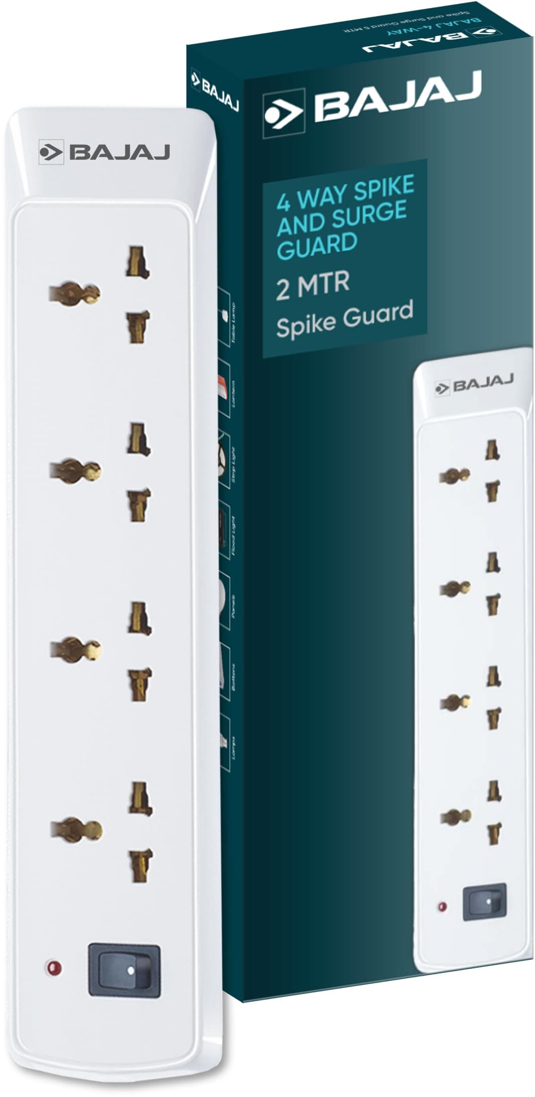 Bajaj 4 Way Spike and Surge Guard | 2 Meter Long Cable | 3-Pin Universal Sockets | Fire Retardant Cable | 6 Months - Warranty (Pack of 1, White), 250 Volts